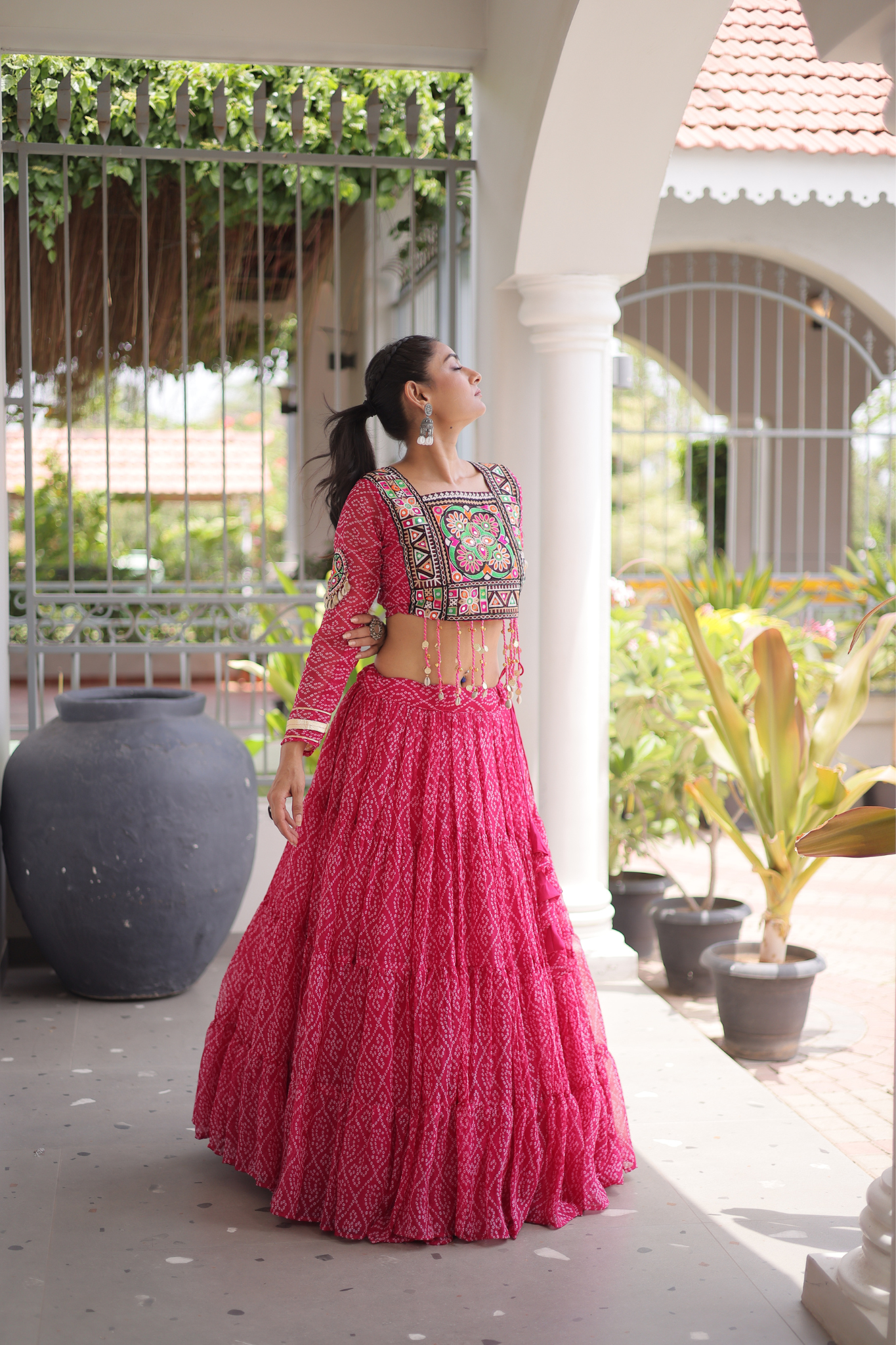 Women's Bandhani Printed Navratri Lehenga Choli Set with Kutchi Gamthi Embroidered Mirror Work Blouse
