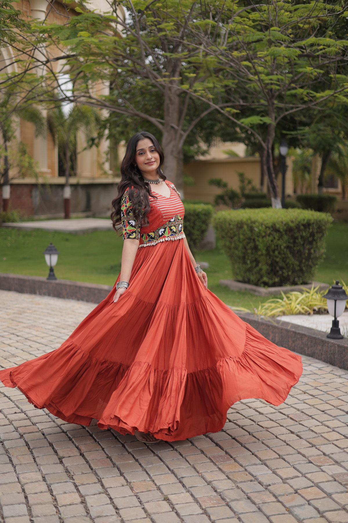 Designer Anarkali Gown with Kutchi Embroidered Yoke & Flared Skirt