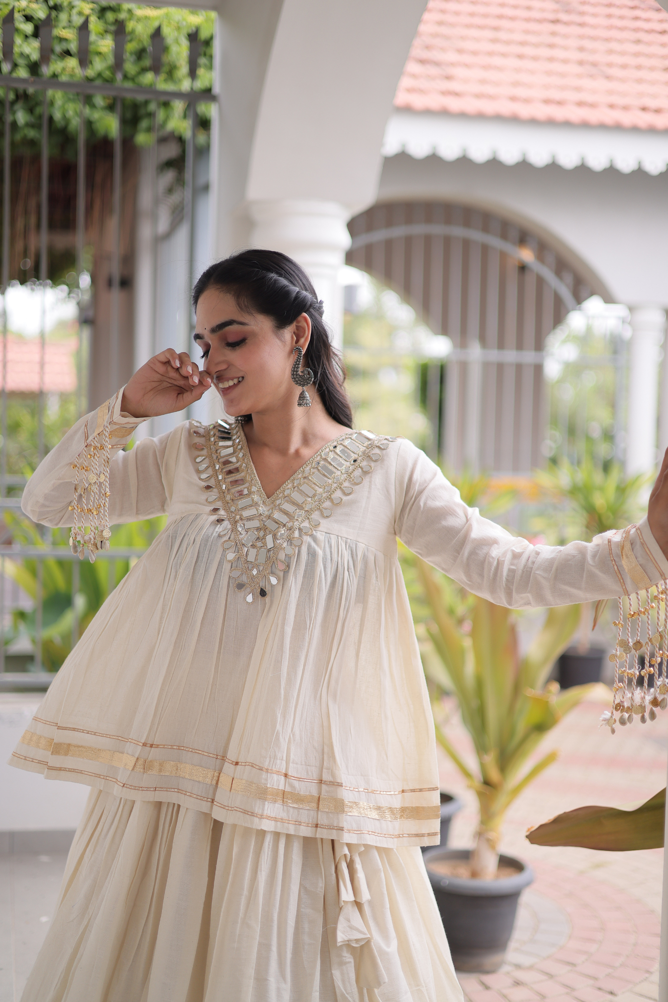 Women's Designer Ethnic Co-Ord Set with Mirror Work Peplum Top & Long Flared Skirt