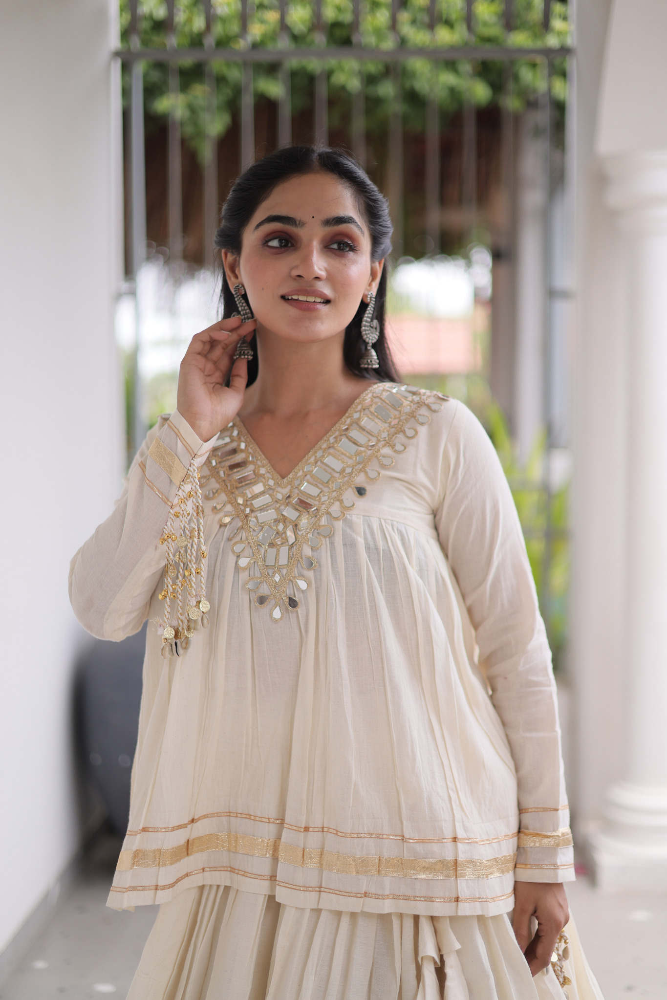 Women's Designer Ethnic Co-Ord Set with Mirror Work Peplum Top & Long Flared Skirt
