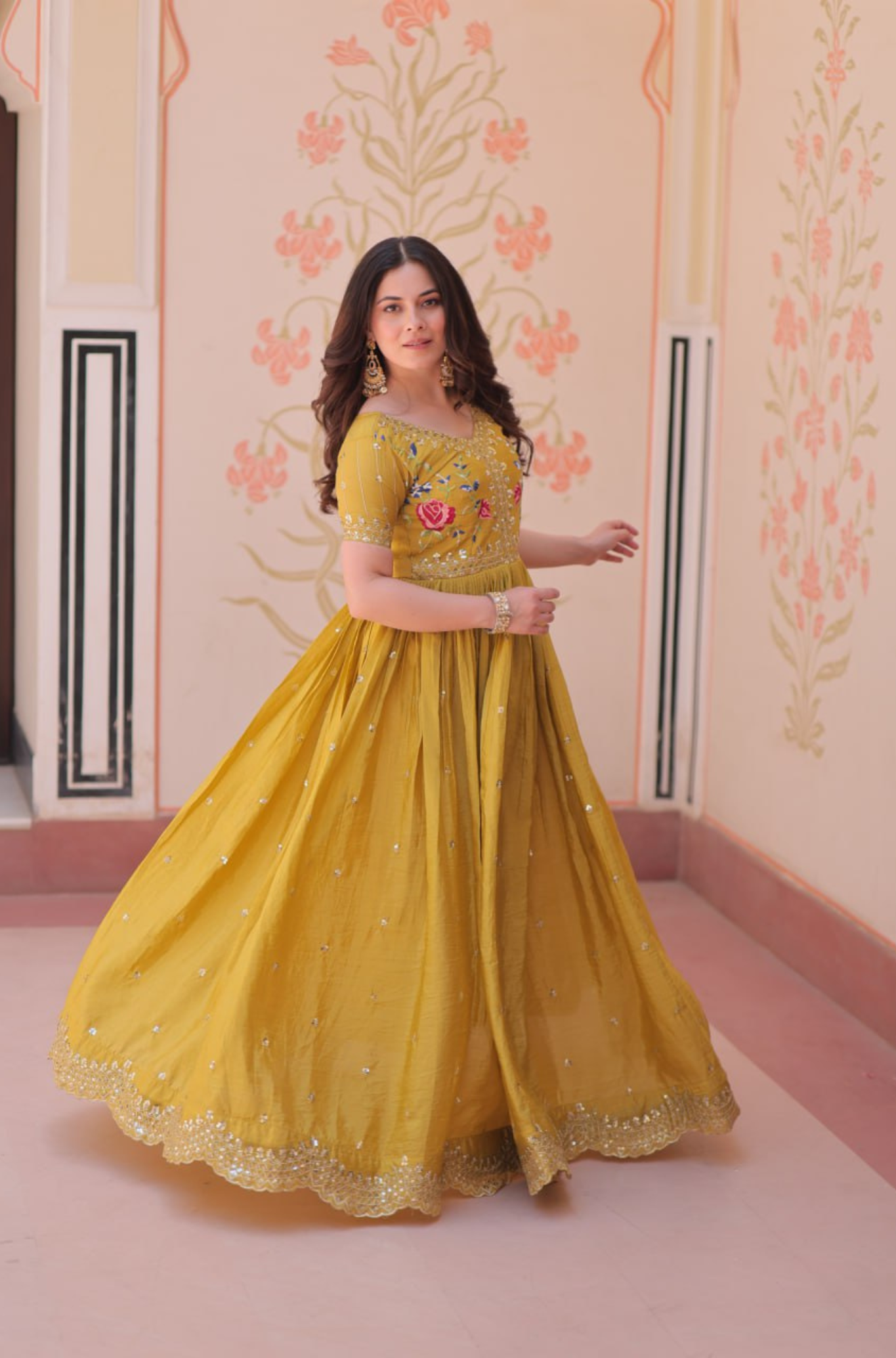 Women’s Floral Embroidered Anarkali Gown Dress