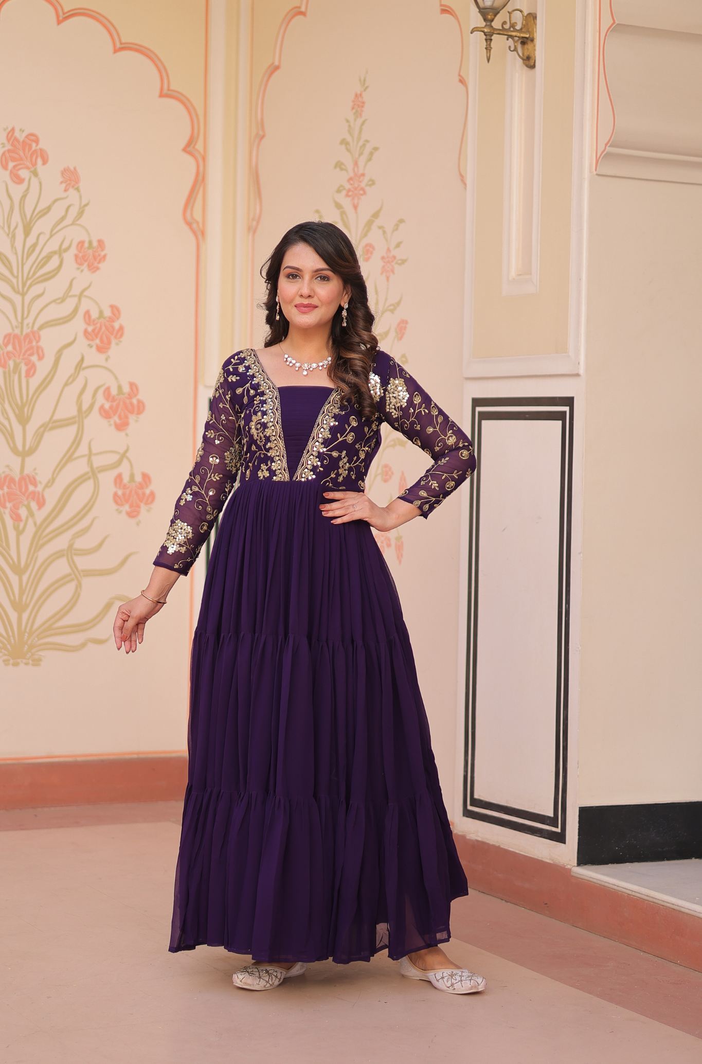 Women's Designer Embroidered Tiered Anarkali Gown