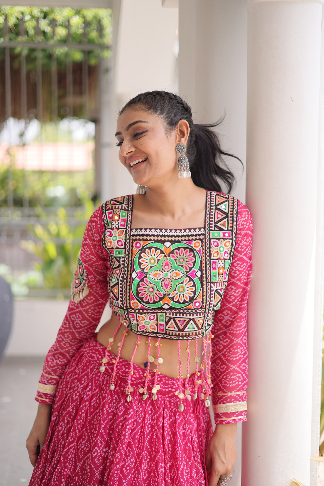 Women's Bandhani Printed Navratri Lehenga Choli Set with Kutchi Gamthi Embroidered Mirror Work Blouse