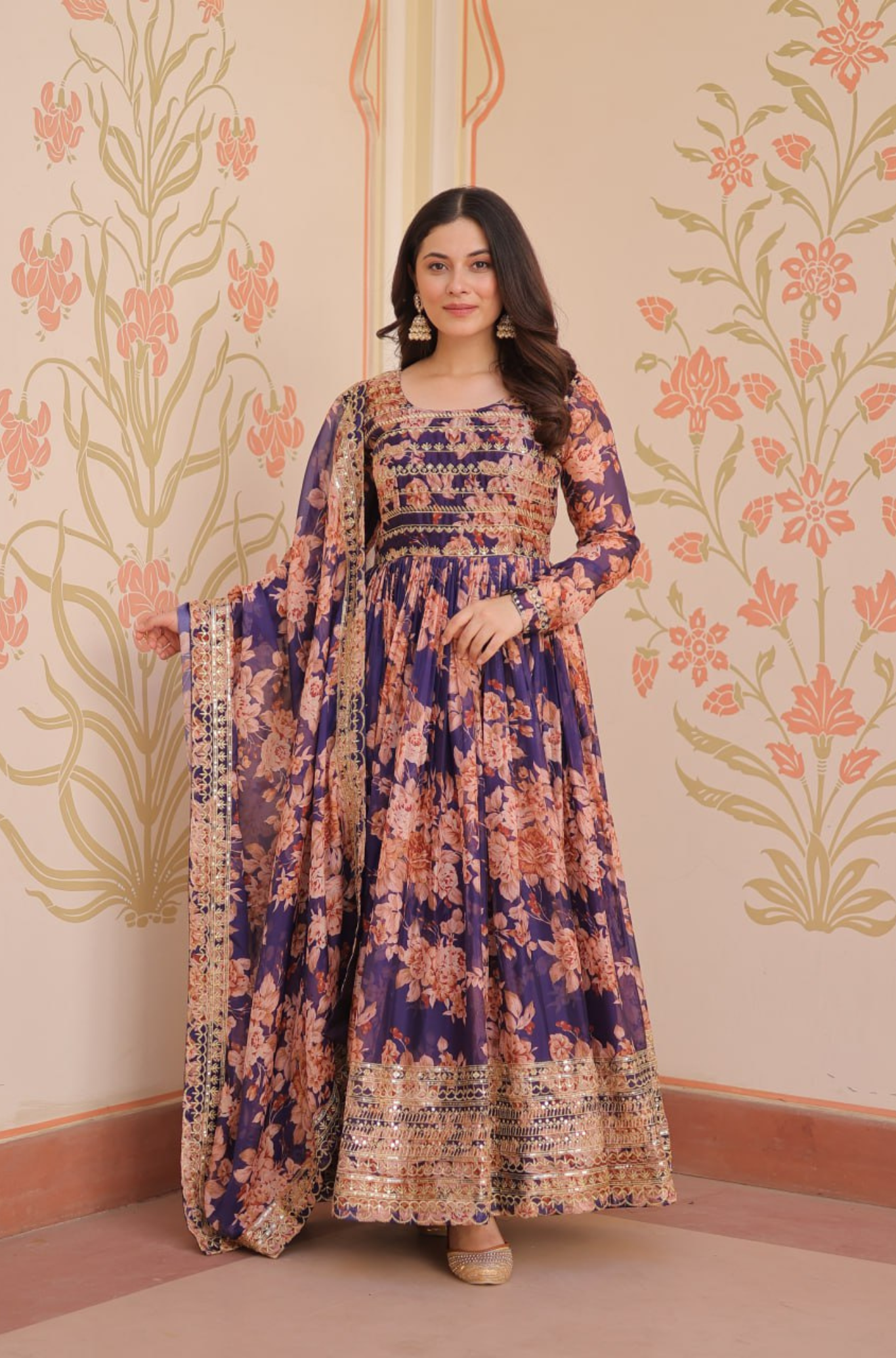 Women's Designer Floral Anarkali Gown Dupatta Set