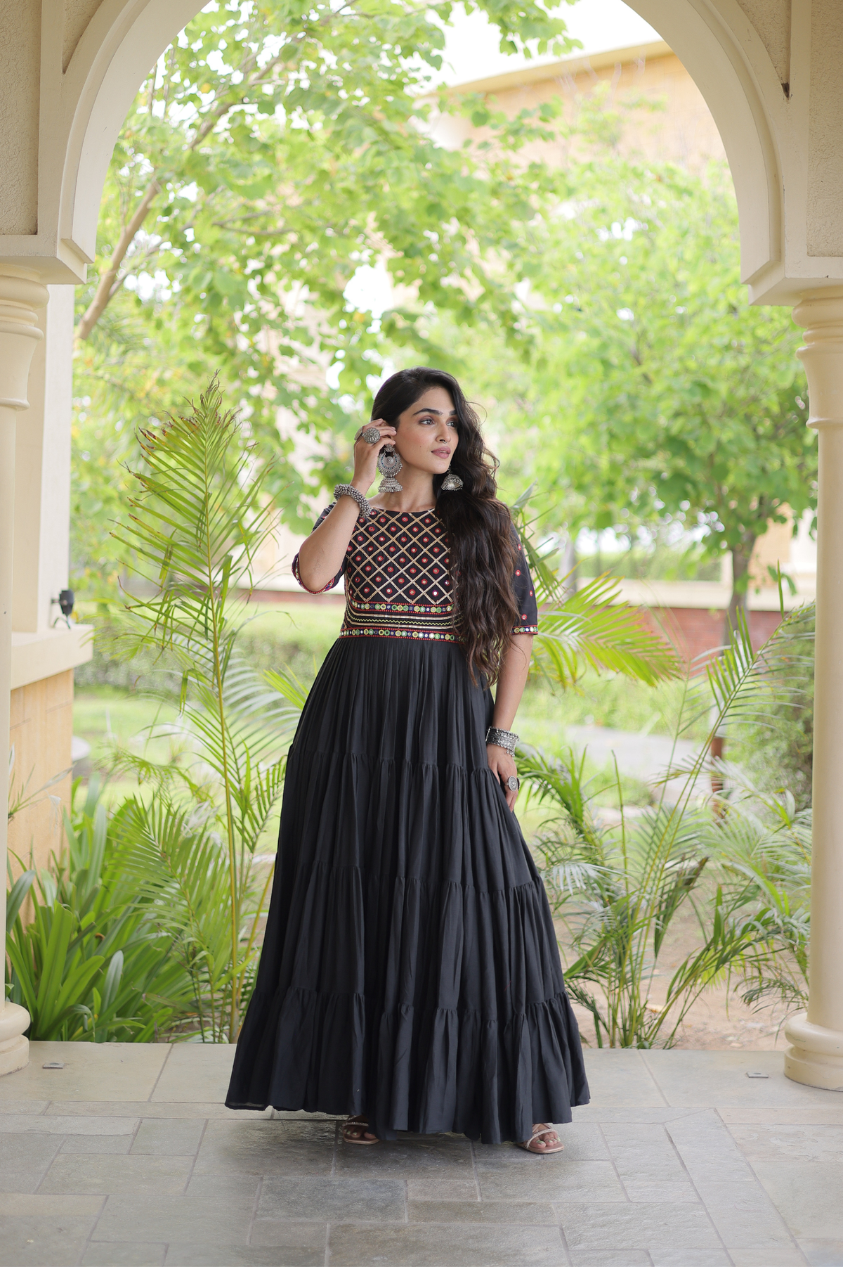 Women’s Designer Anarkali Gown with Embroidered Bodice & Flared Tiered Design | Festive Ethnic Wear