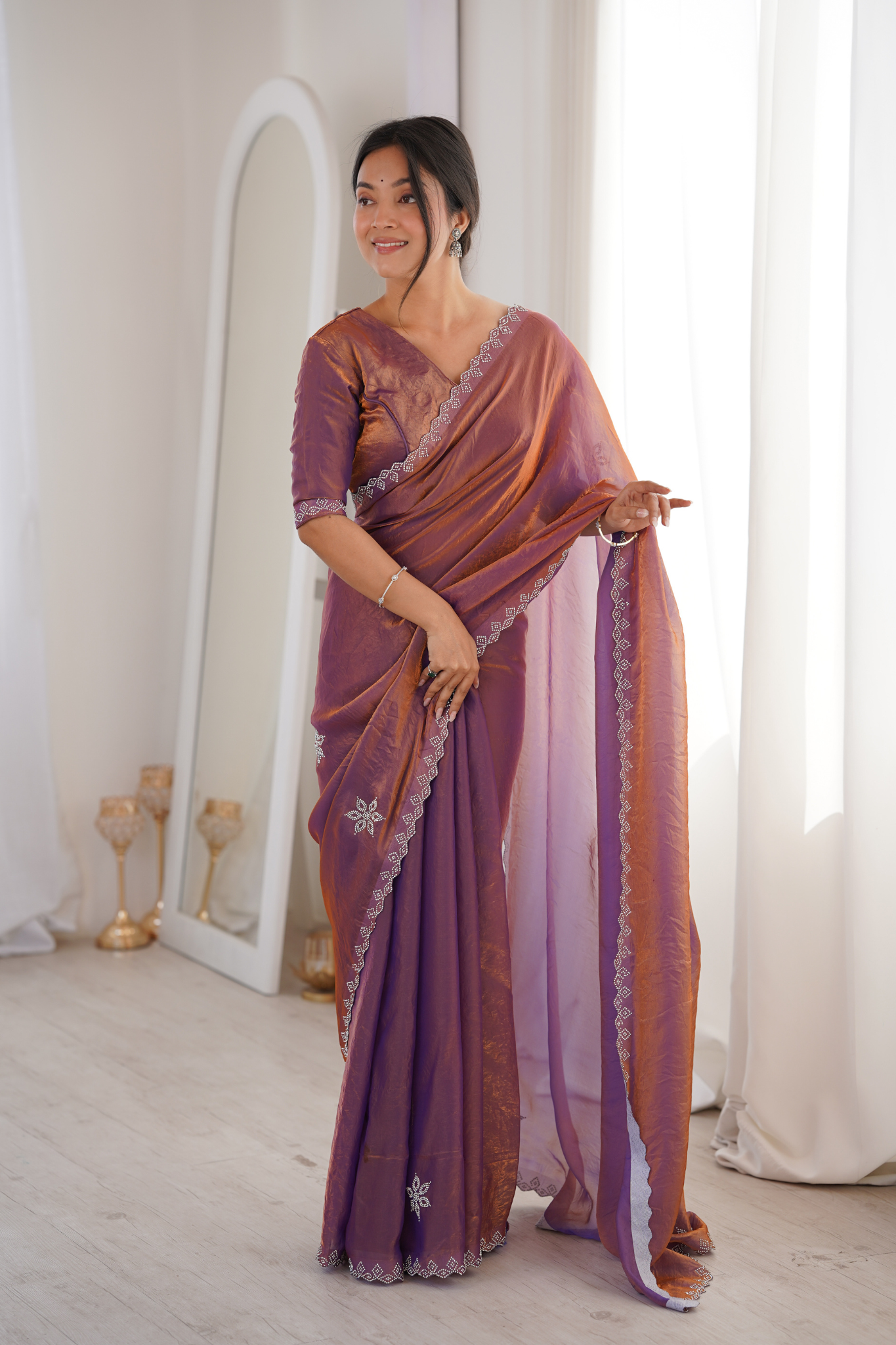 Women Tissue Silk Saree with Silver Border Embroidery