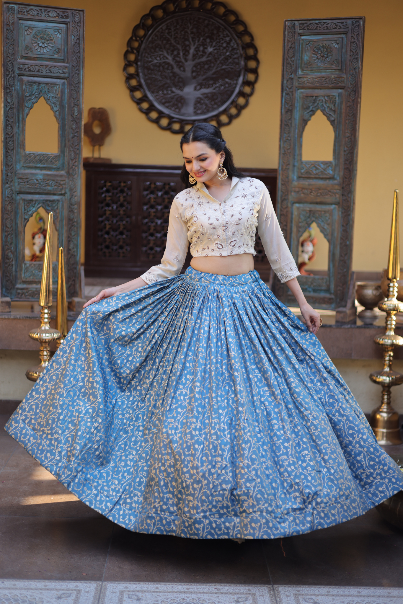 Women's Designer Embroidered Crop Top with Printed Flared Lehenga Set for Wedding & Festive Wear