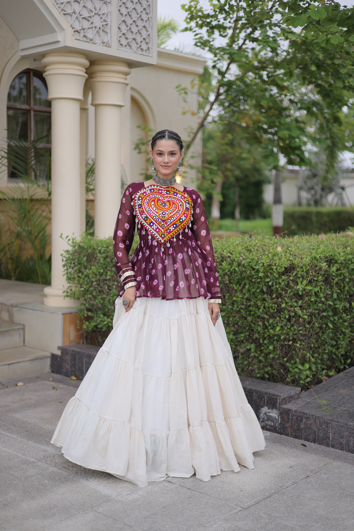 Women’s Designer Black Embroidered Peplum Top with White Flared Lehenga Skirt