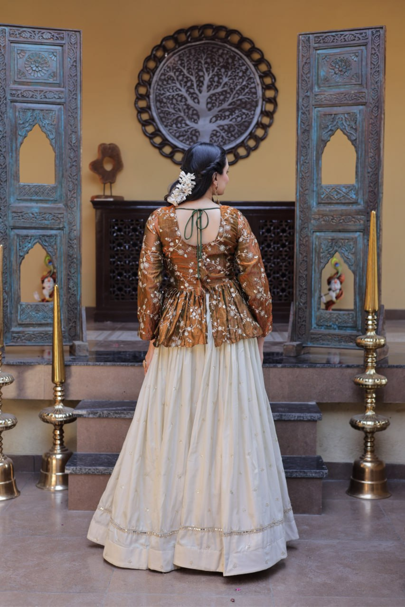 Women's Embroidered Peplum Top with Flared Skirt Set