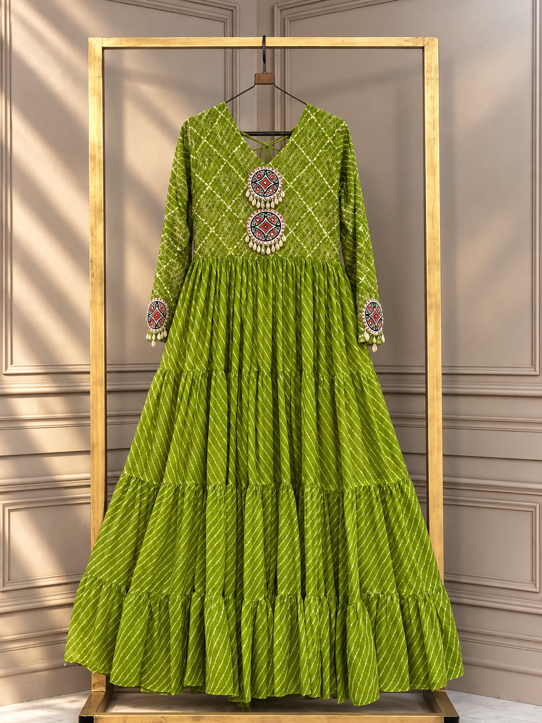 Designer Bandhani Printed Tiered Gown with Embellished Yoke & Sleeves