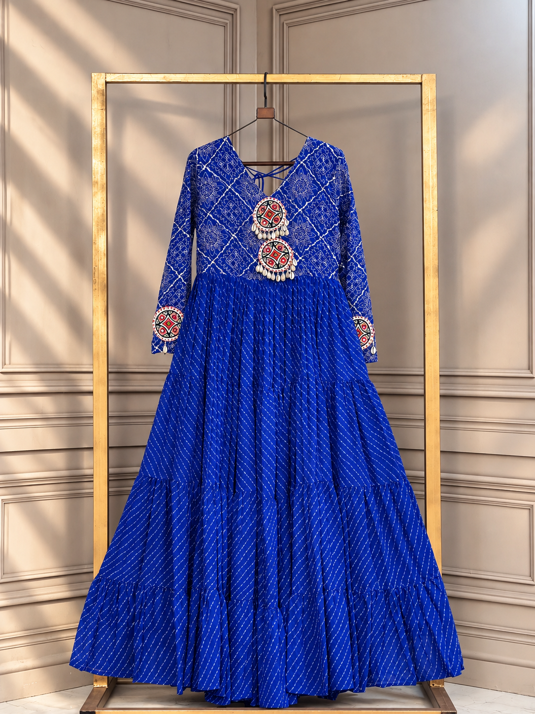 Designer Bandhani Printed Tiered Gown with Embellished Yoke & Sleeves