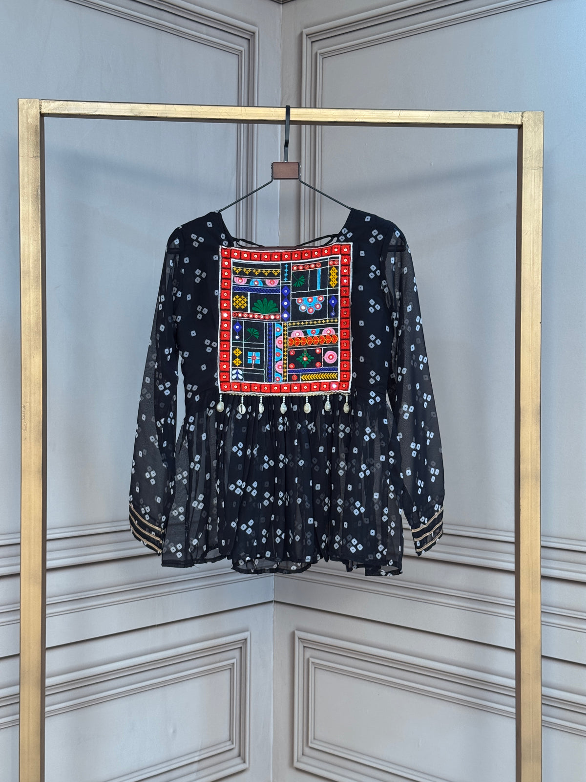 Designer Printed Peplum Top with Embroidered Yoke & Flared Hem