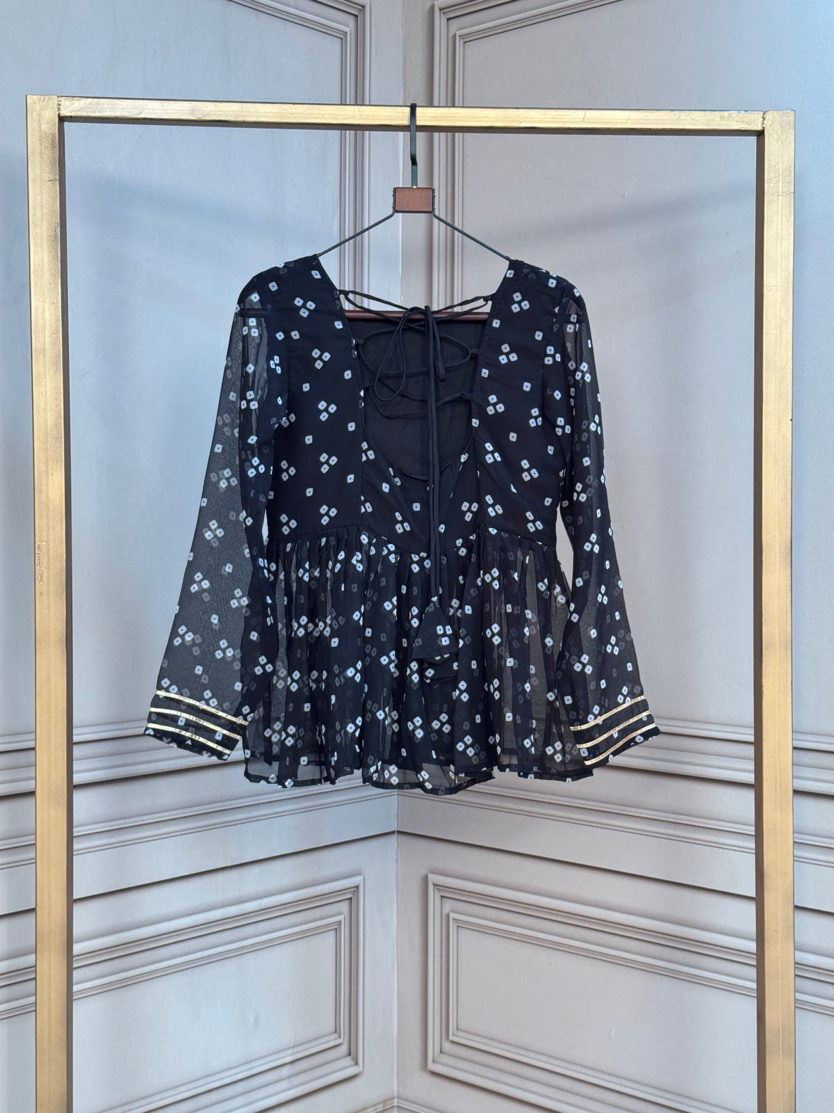 Designer Printed Peplum Top with Embroidered Yoke & Flared Hem
