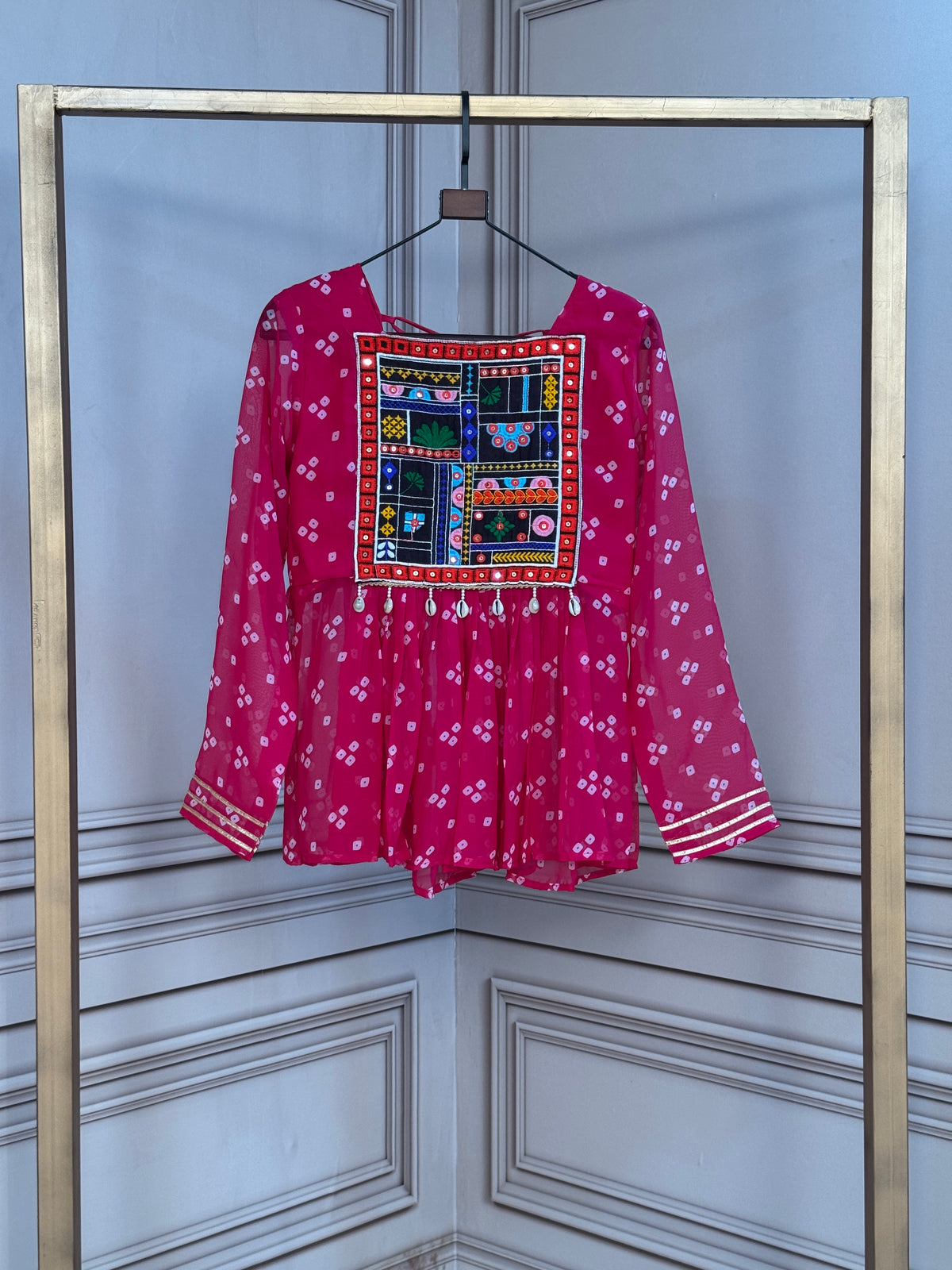 Designer Printed Peplum Top with Embroidered Yoke & Flared Hem