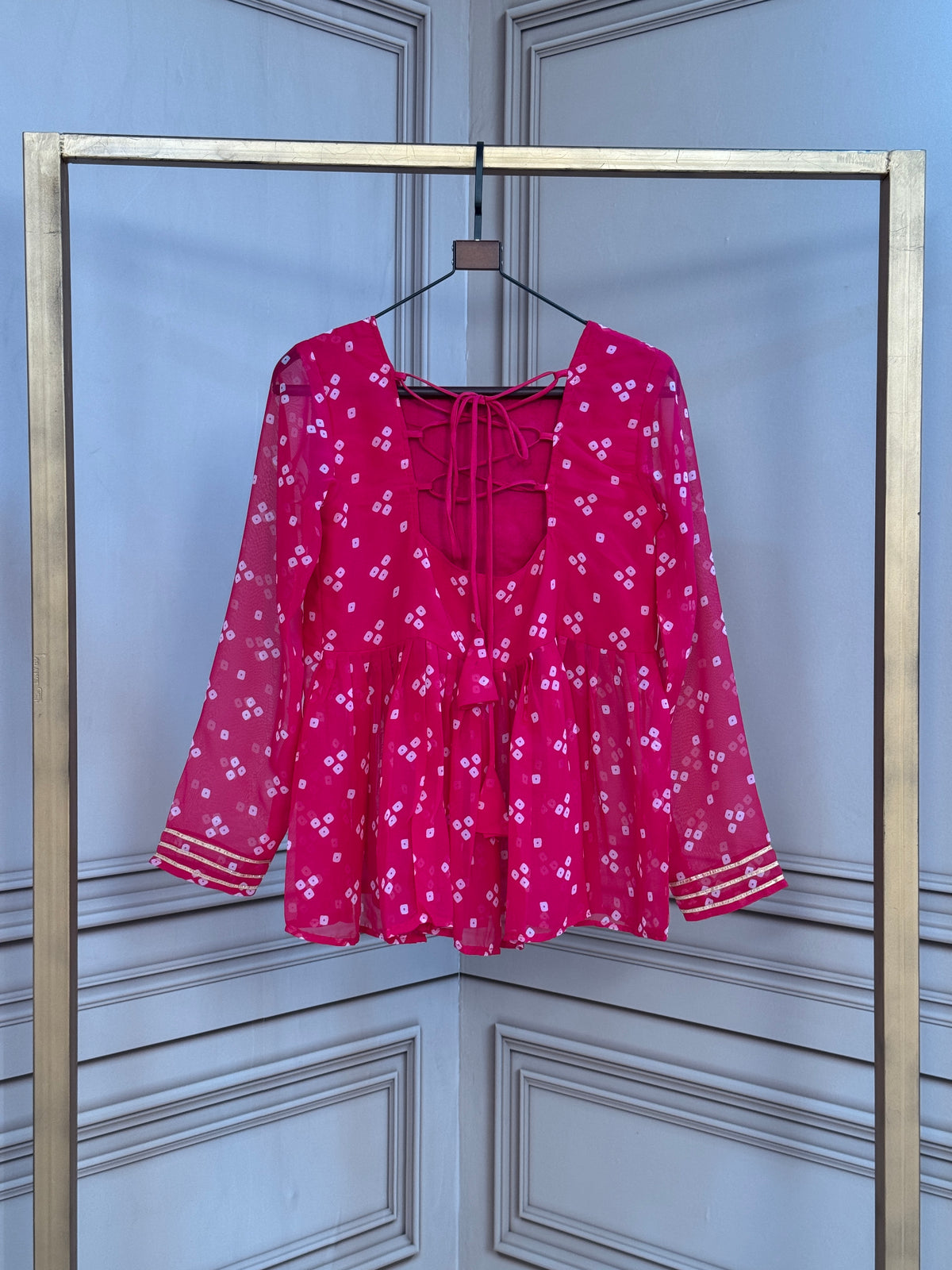Designer Printed Peplum Top with Embroidered Yoke & Flared Hem