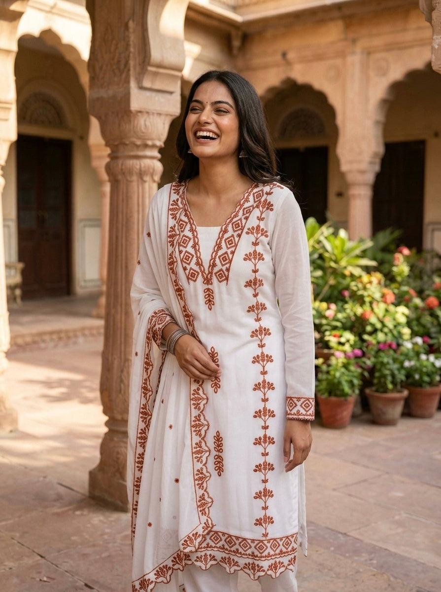 Women Embroidered Kurta Pant Set with Dupatta