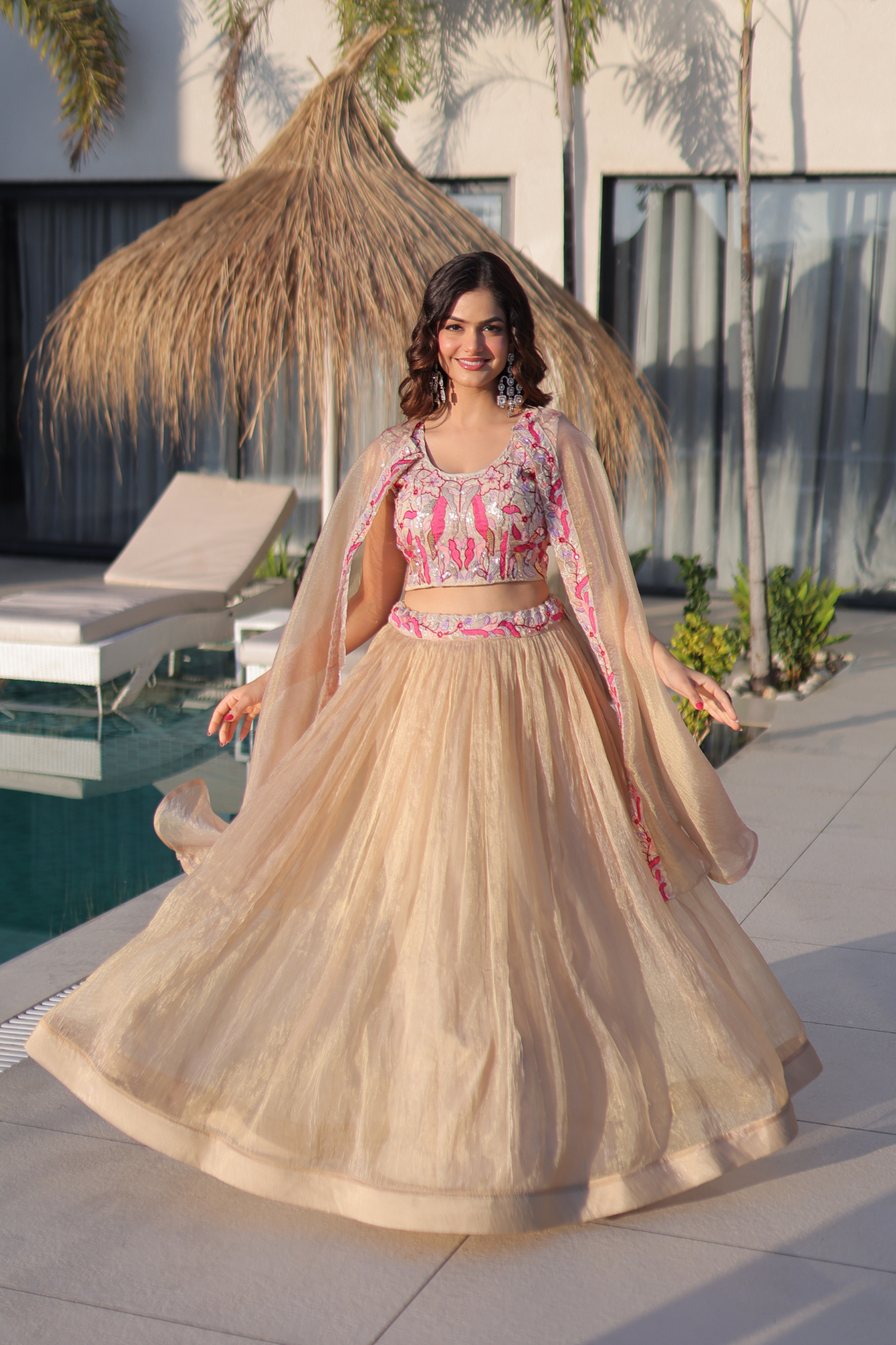 Women Beige Organza Lehenga Choli with Cape Dupatta & Pink Embroidery