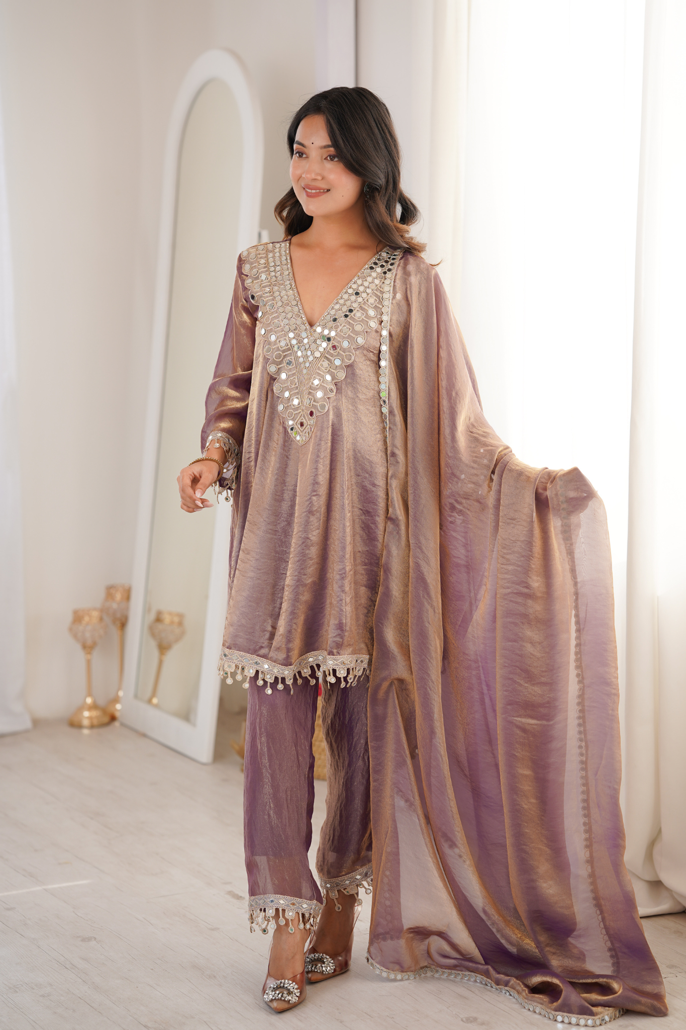Women’s Mirror Work Kurta Pant Dupatta Set for Festive