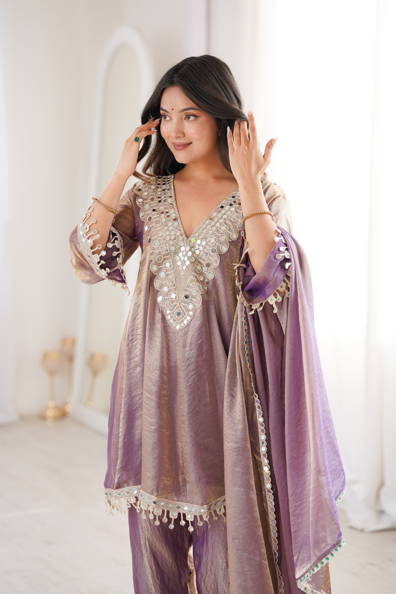 Women’s Mirror Work Kurta Pant Dupatta Set for Festive