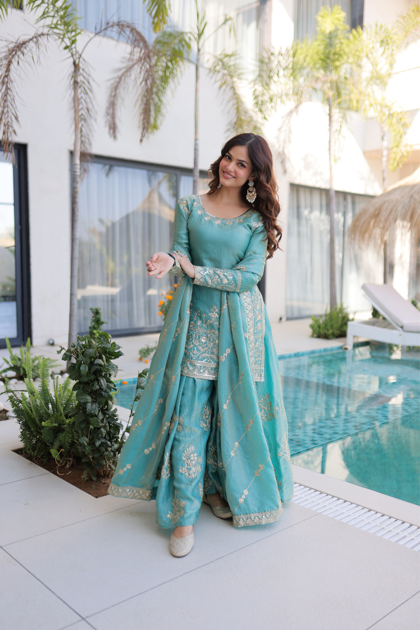 Women Embroidered Kurta Sharara Set with Dupatta