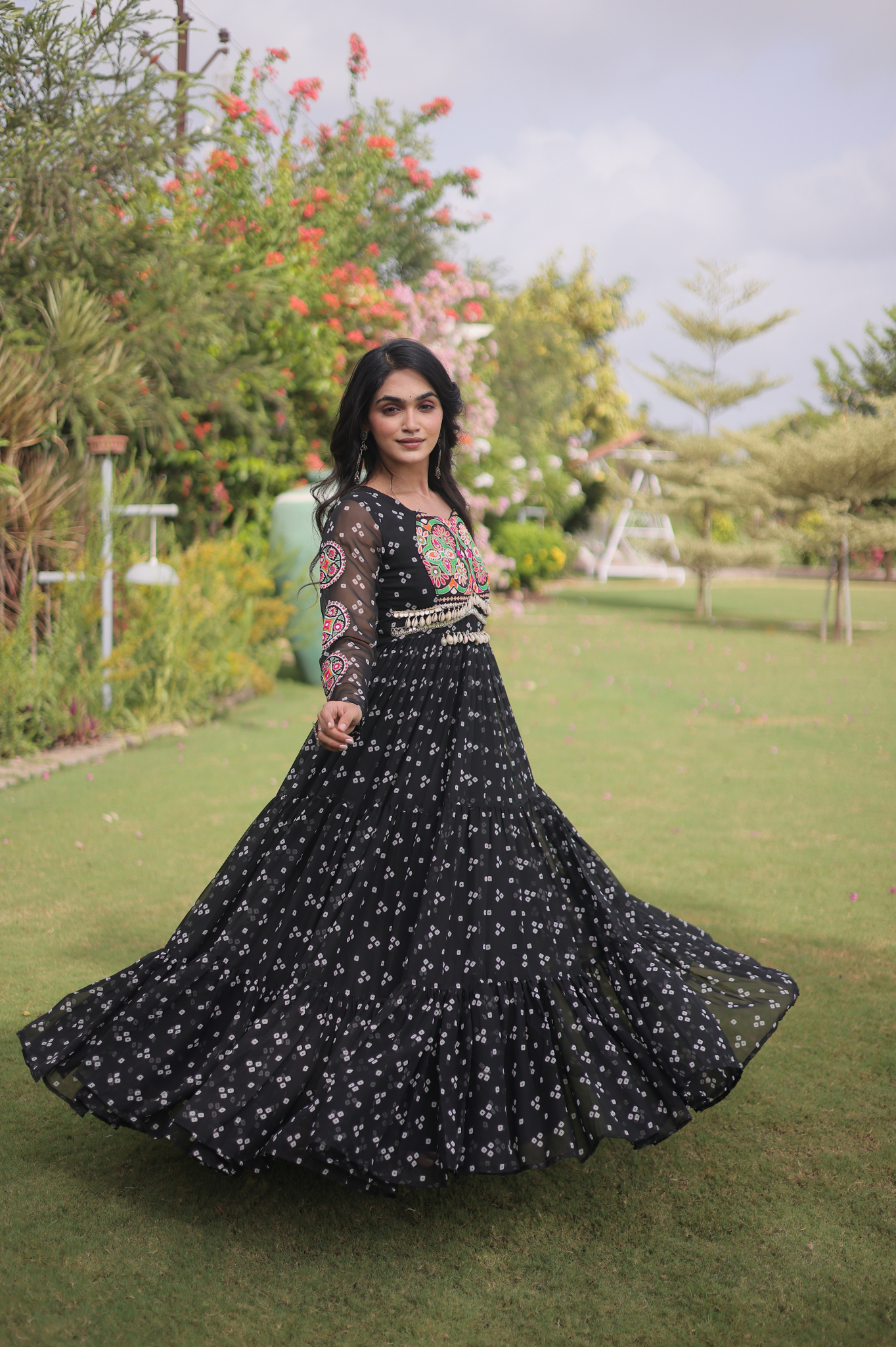 Women's Handcrafted Mirror Work Tiered Anarkali Gown
