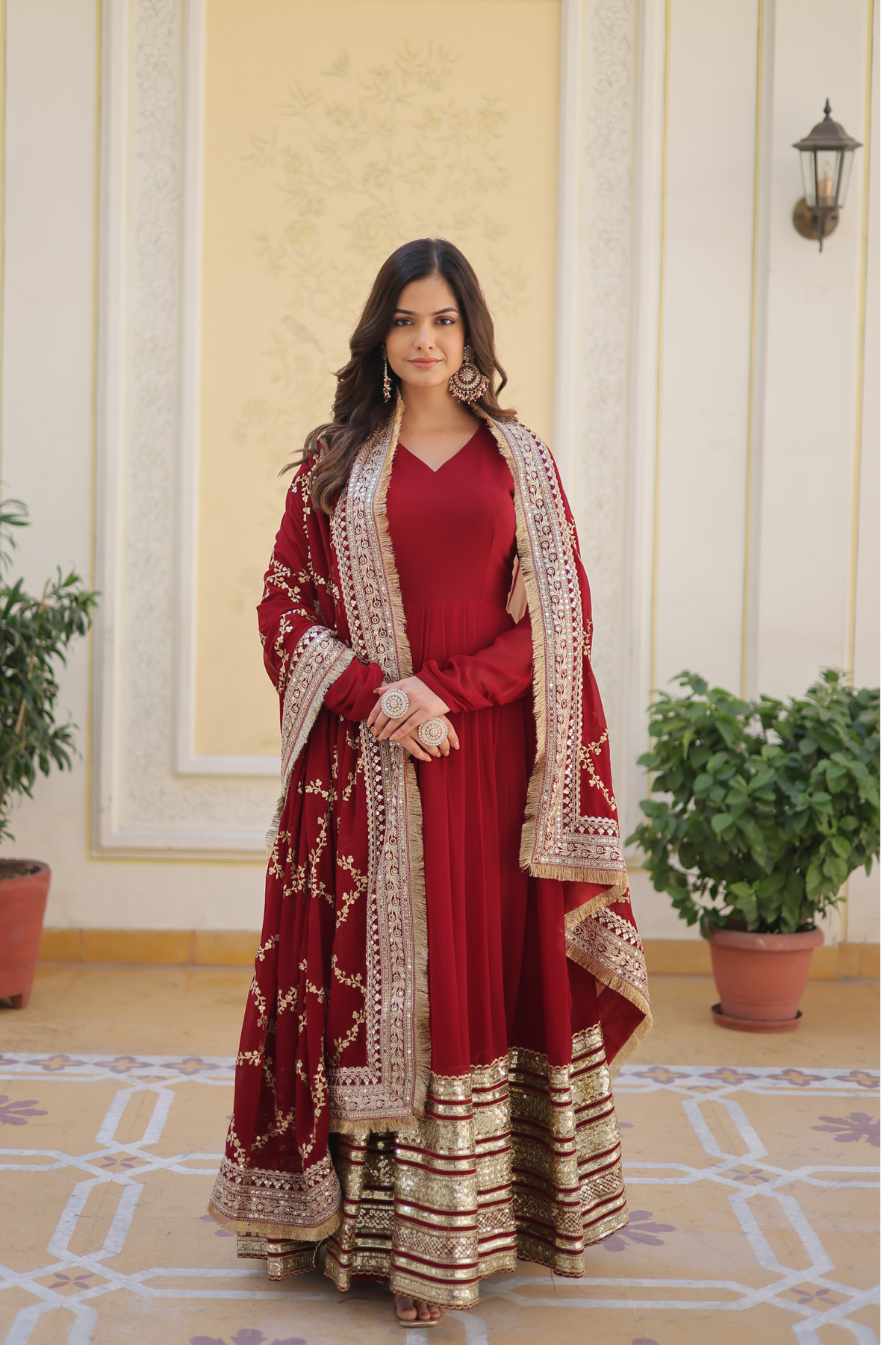 Women's Maroon Embroidered Anarkali Gown with Dupatta