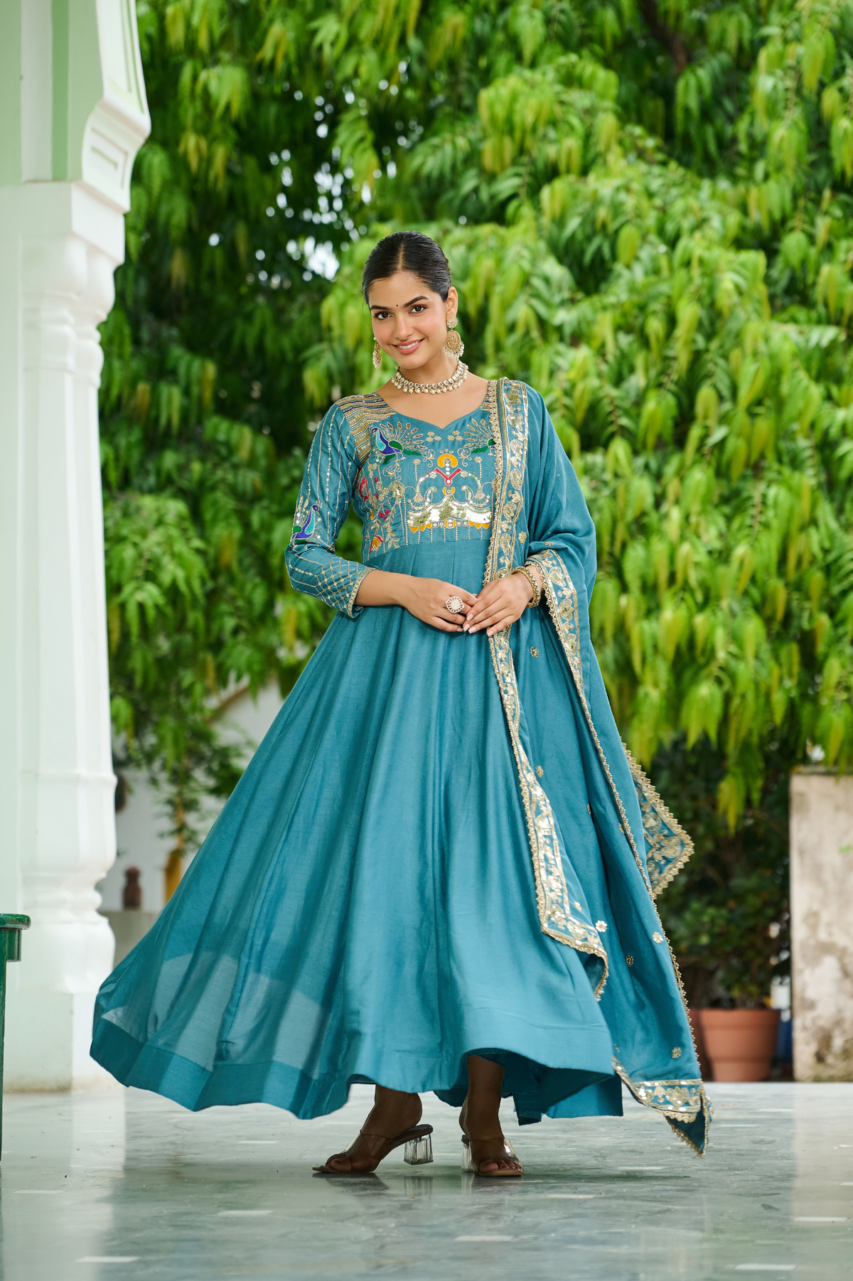 Women's Embroidered Anarkali Gown with Dupatta