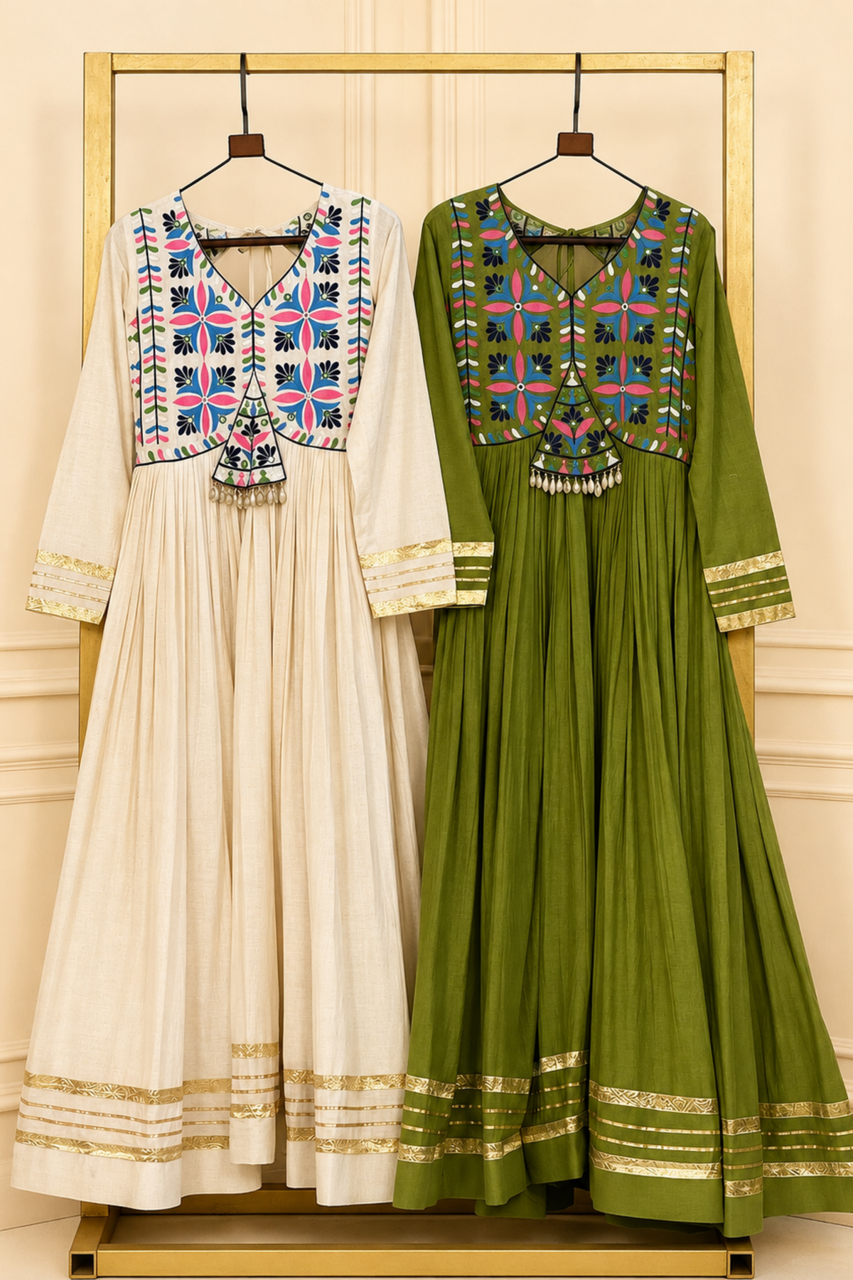 Women’s Designer Anarkali Gown with Embroidered Bodice & Gold Border | Festive Ethnic Wear