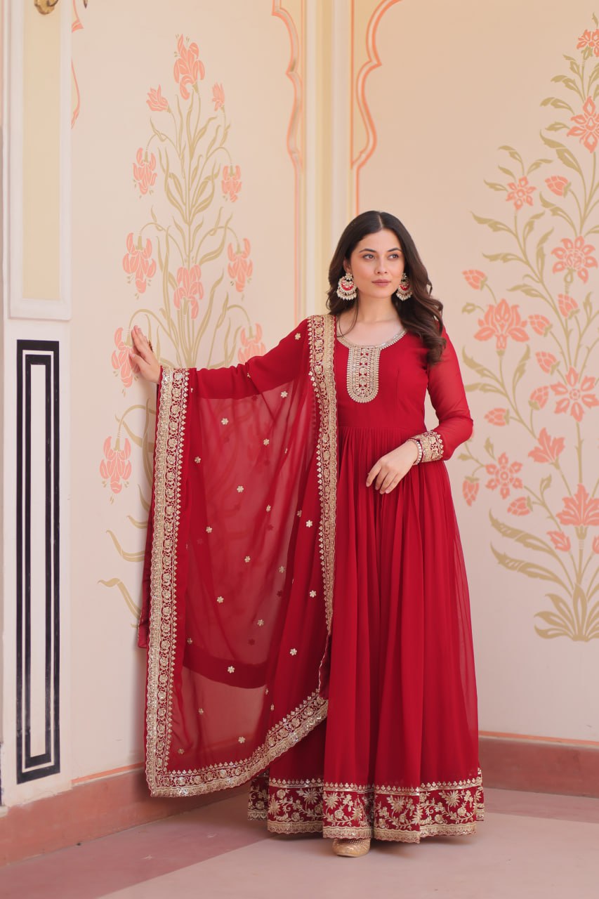 Women's Embroidered Georgette Anarkali Gown with Dupatta