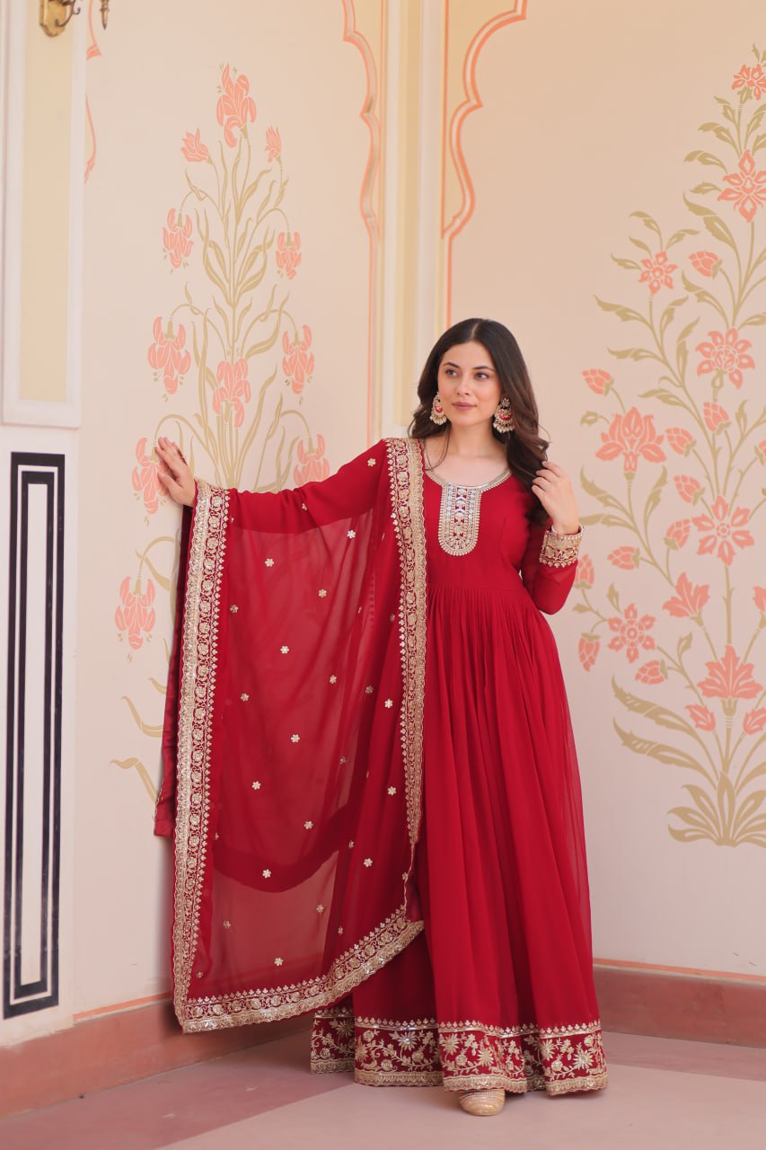 Women's Embroidered Georgette Anarkali Gown with Dupatta