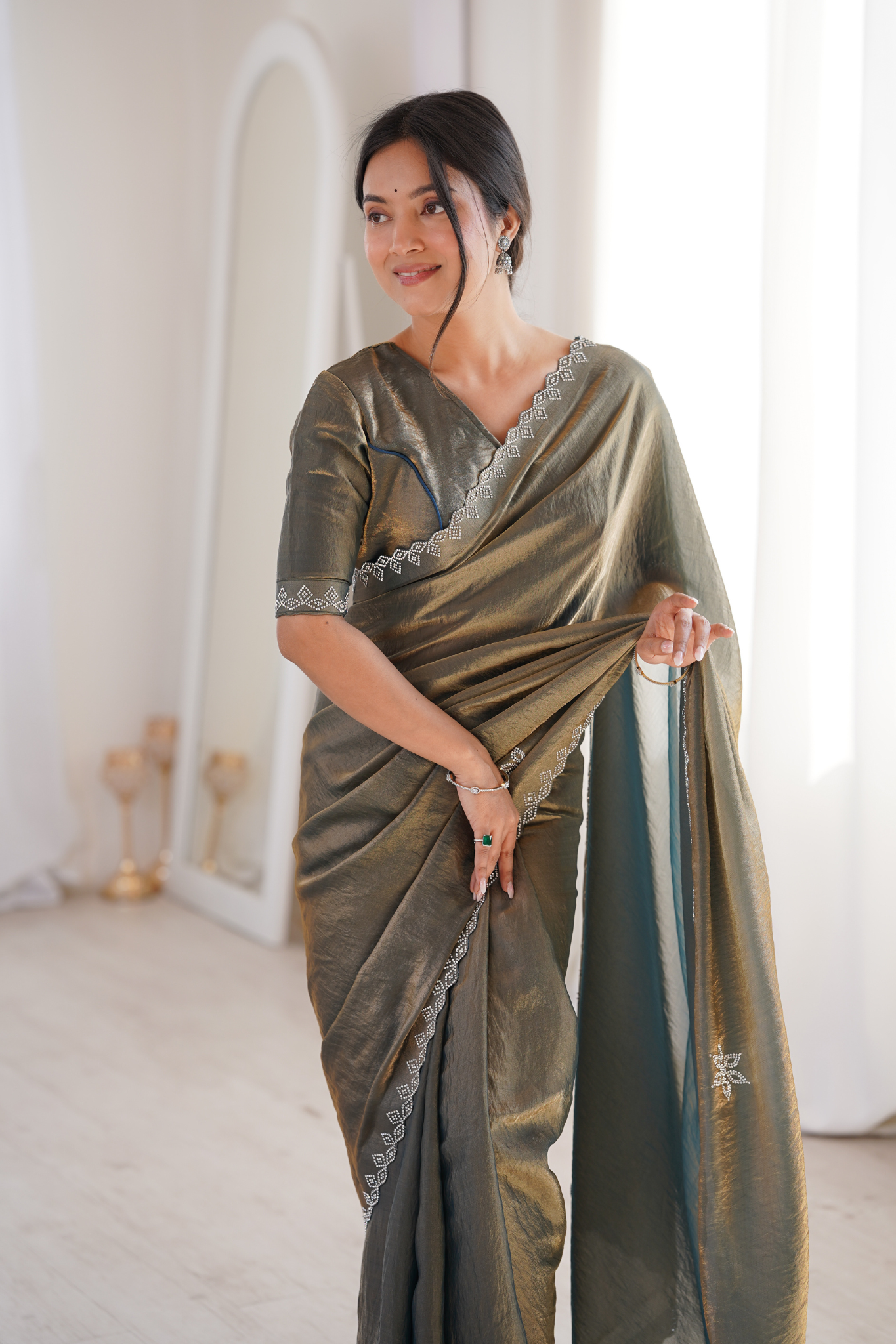 Women Tissue Silk Saree with Silver Border Embroidery