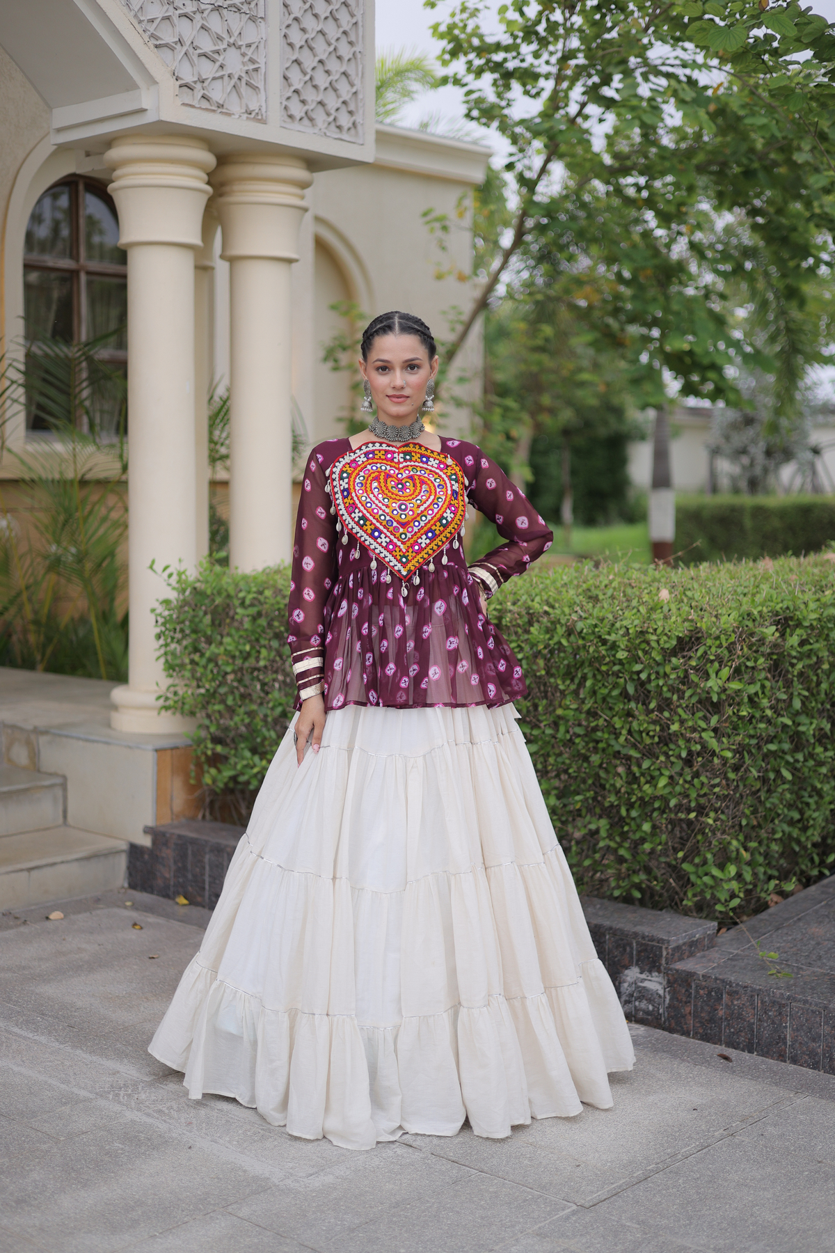 Women’s Designer Black Embroidered Peplum Top with White Flared Lehenga Skirt