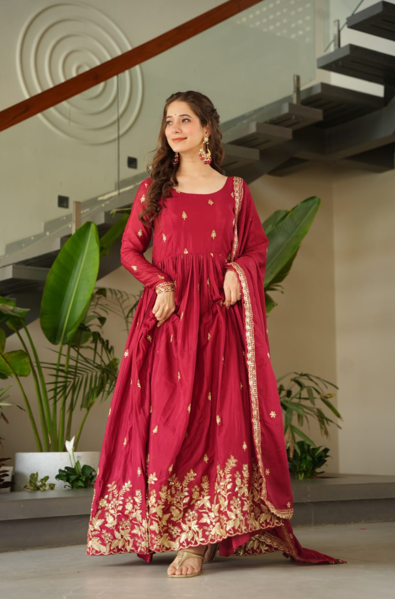 Women Traditional Embroidered Anarkali Gown Set With Designer Dupatta
