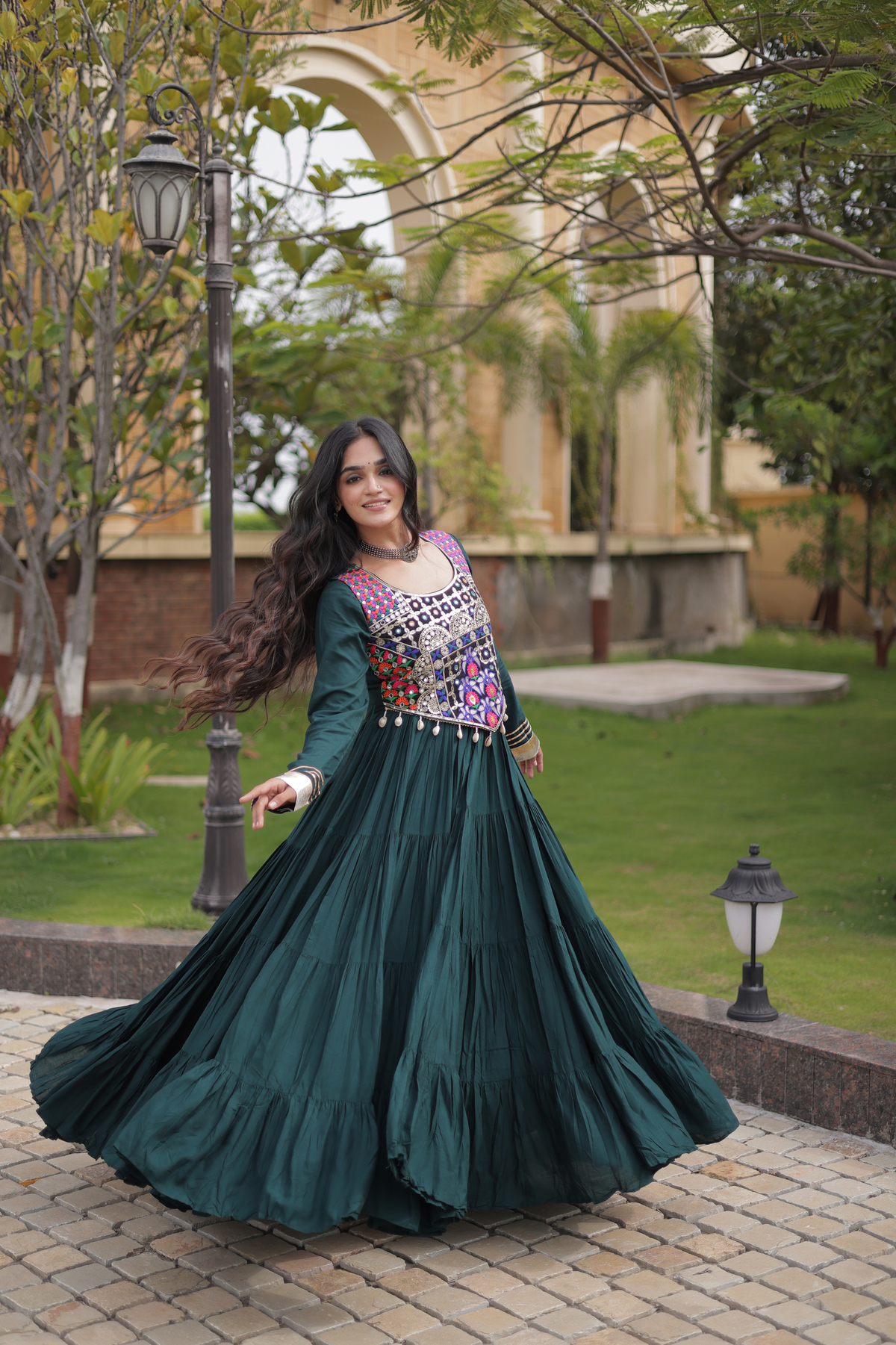 Designer Embroidered Koti Gown with Mirror Work & Flared Skirt