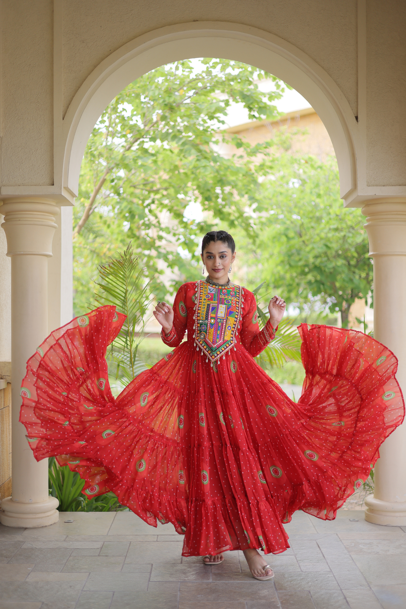 Women's Designer Kutchi Gamthi Embroidered Tiered Anarkali Gown with Mirror Work