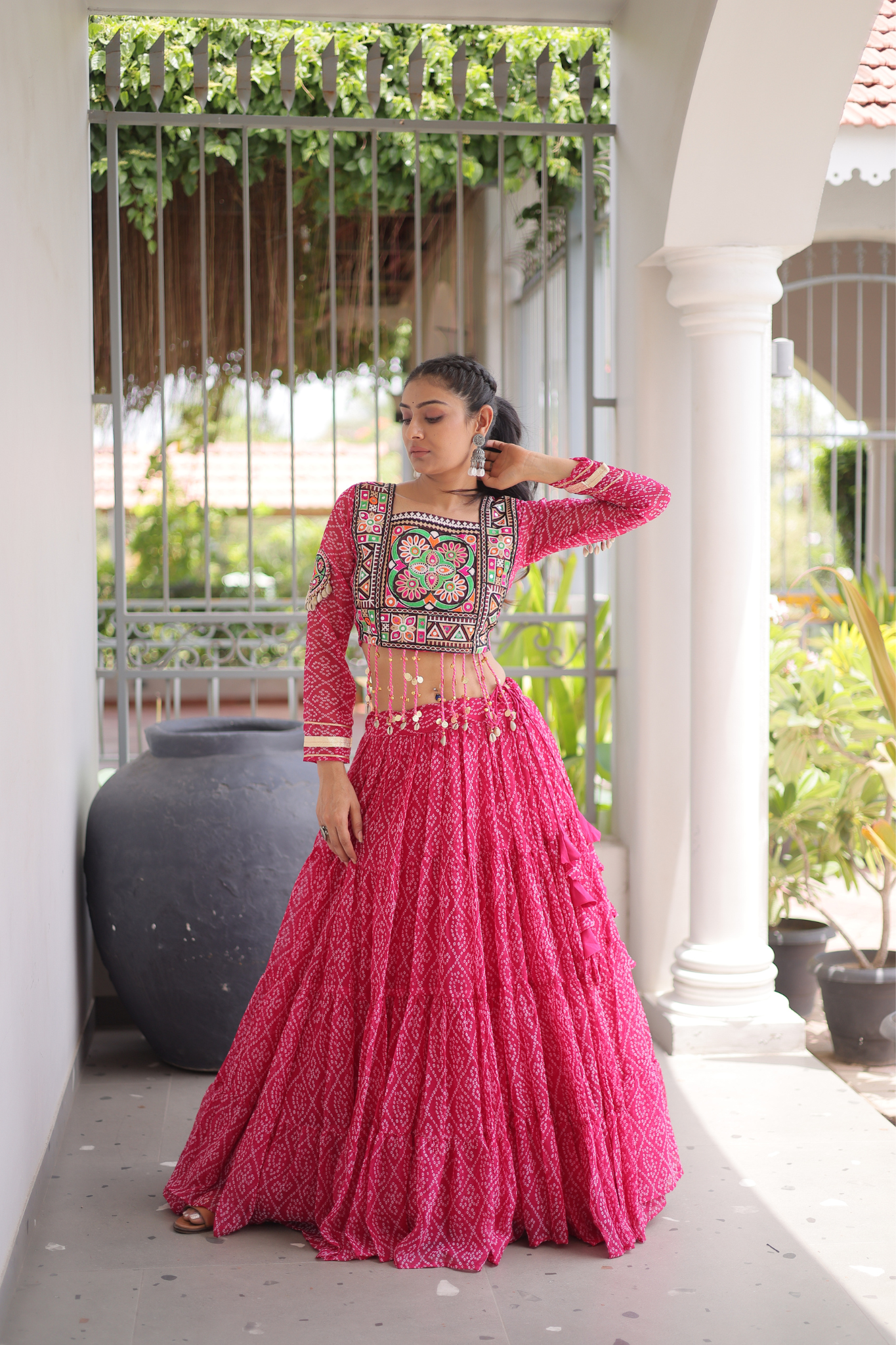 Women's Bandhani Printed Navratri Lehenga Choli Set with Kutchi Gamthi Embroidered Mirror Work Blouse
