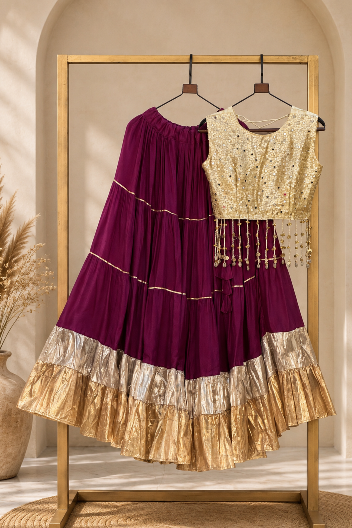 Women’s Burgundy Ethnic Lehenga Choli Set with Gold Sequin Blouse
