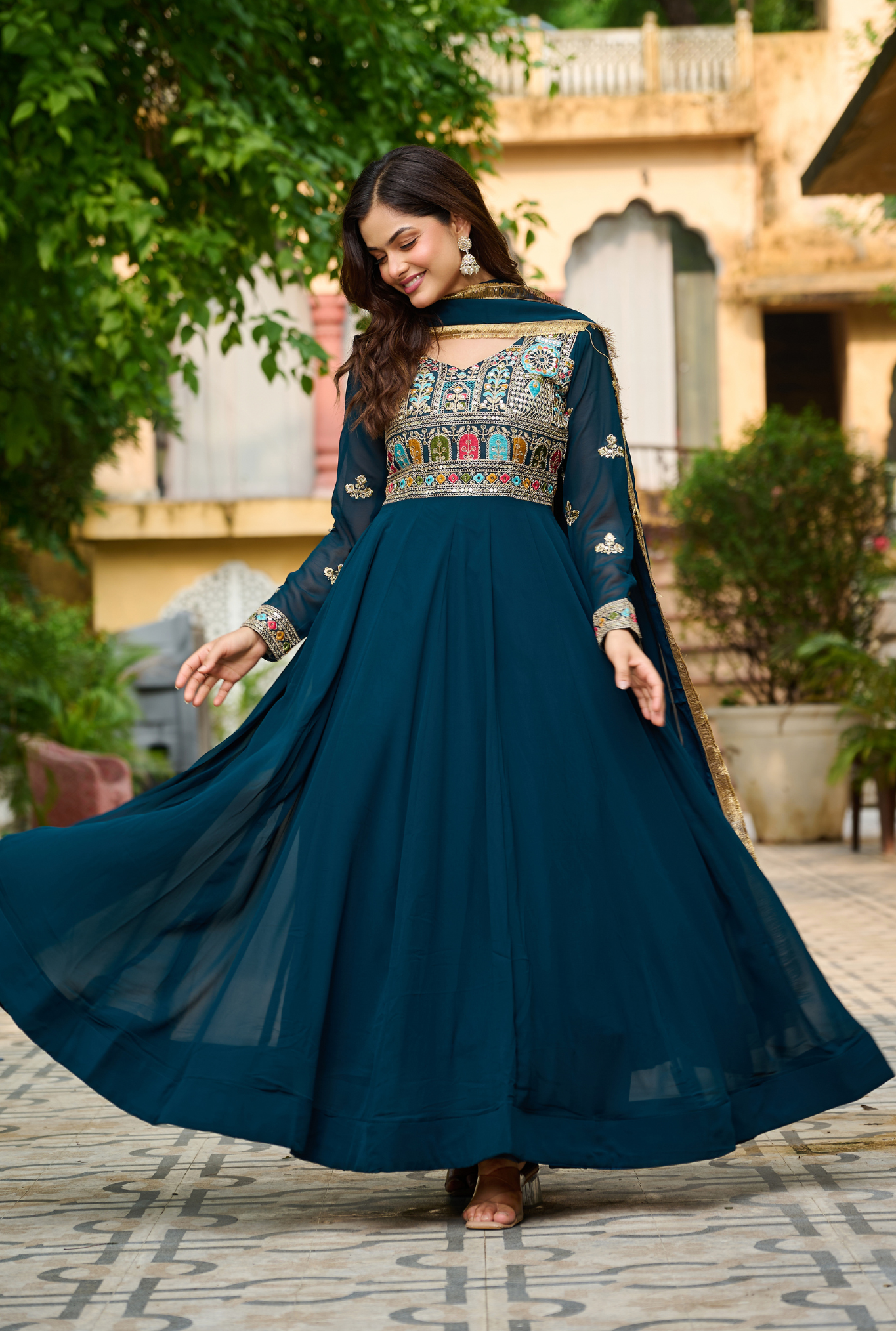 Women's Designer Embroidered Anarkali Gown Set with Dupatta