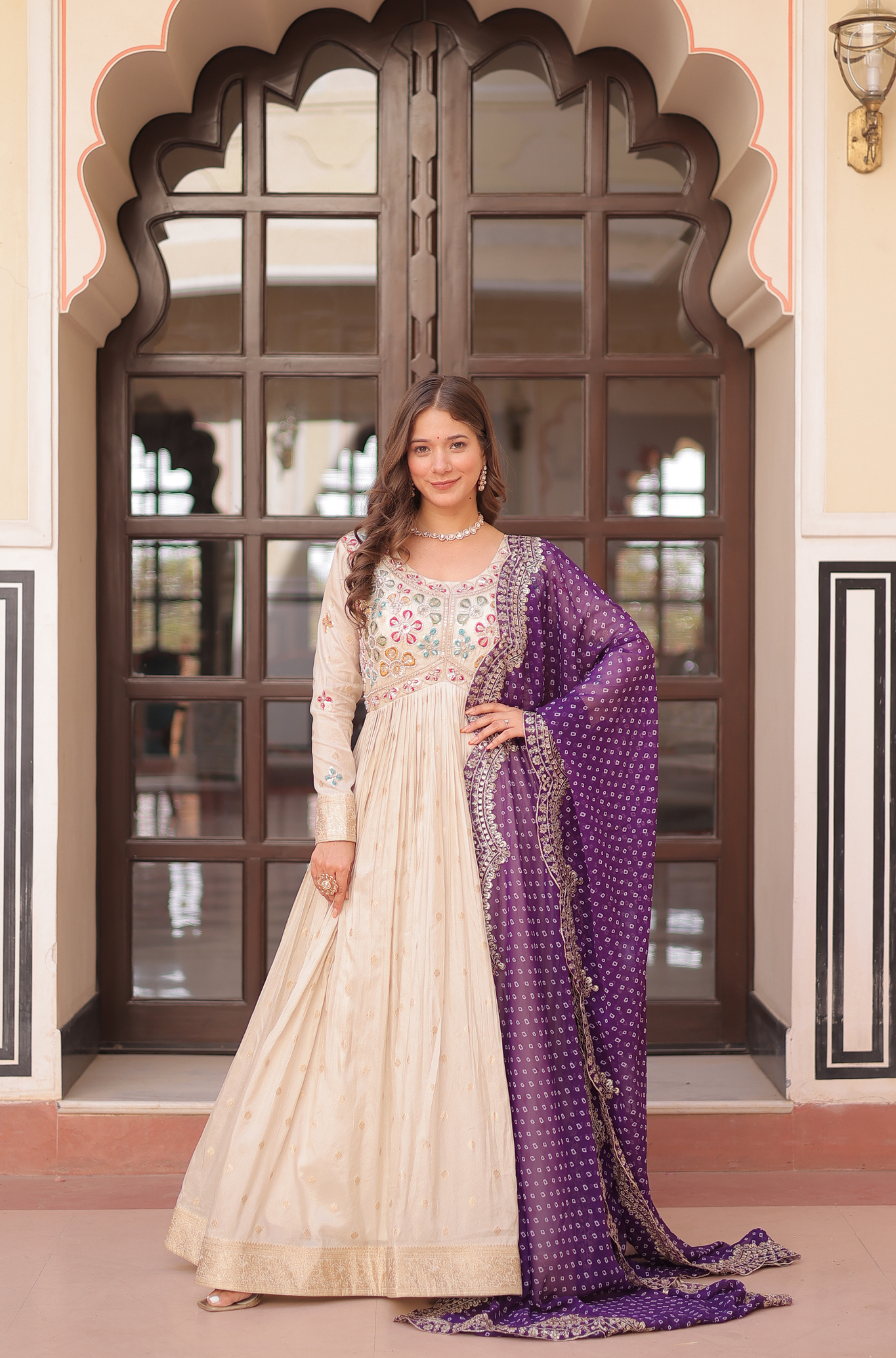 Women Mirror Embroidered Anarkali Gown with Bandhani Dupatta