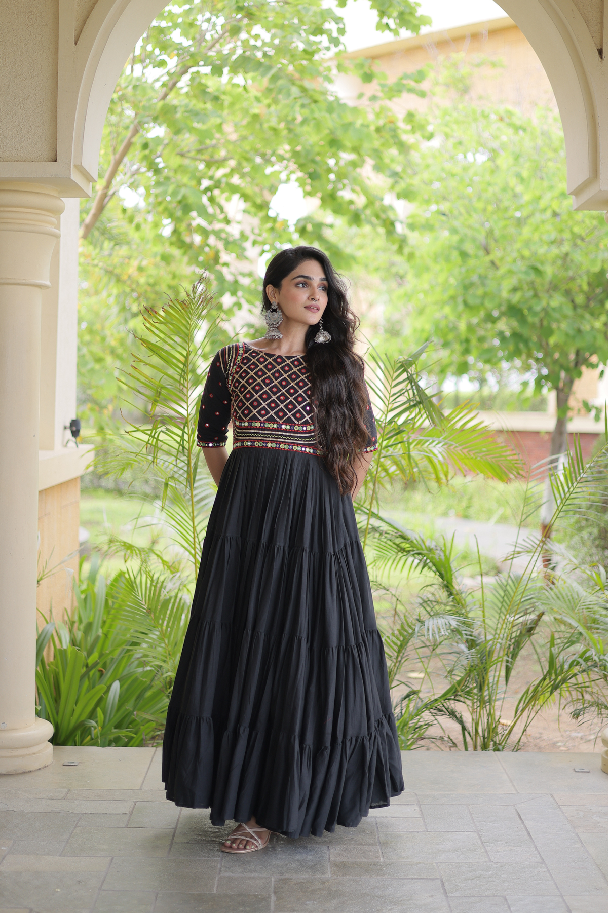 Women’s Designer Anarkali Gown with Embroidered Bodice & Flared Tiered Design | Festive Ethnic Wear