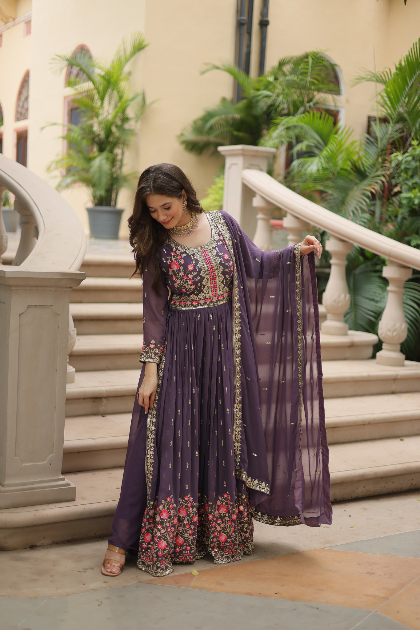 Women's Designer Floral Embroidered Anarkali Gown with Dupatta