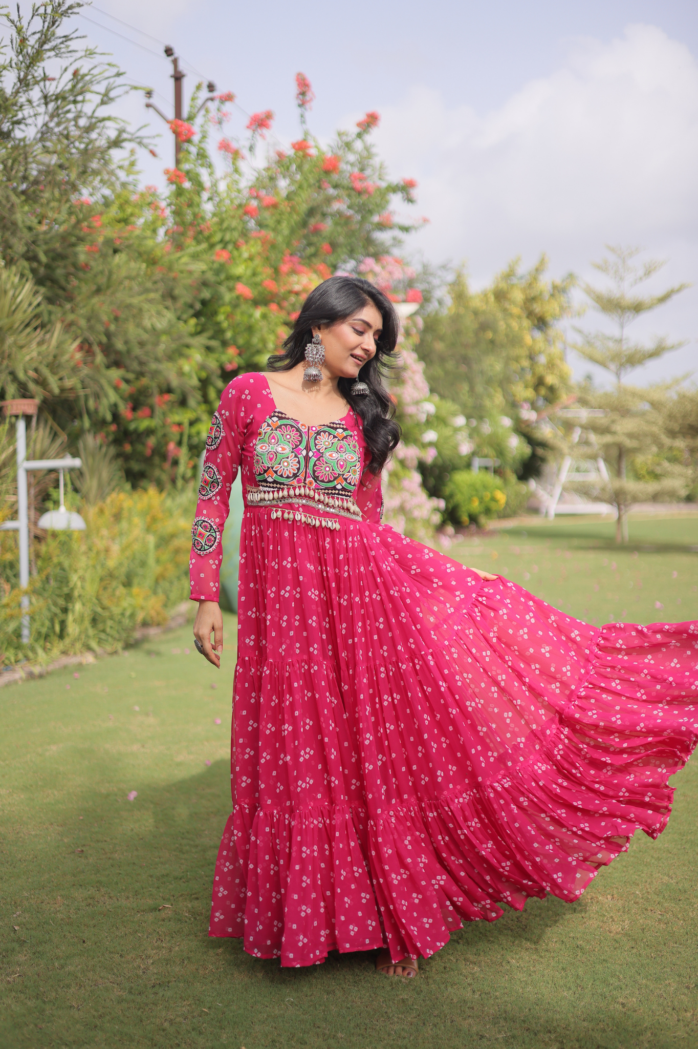 Women's Handcrafted Mirror Work Tiered Anarkali Gown