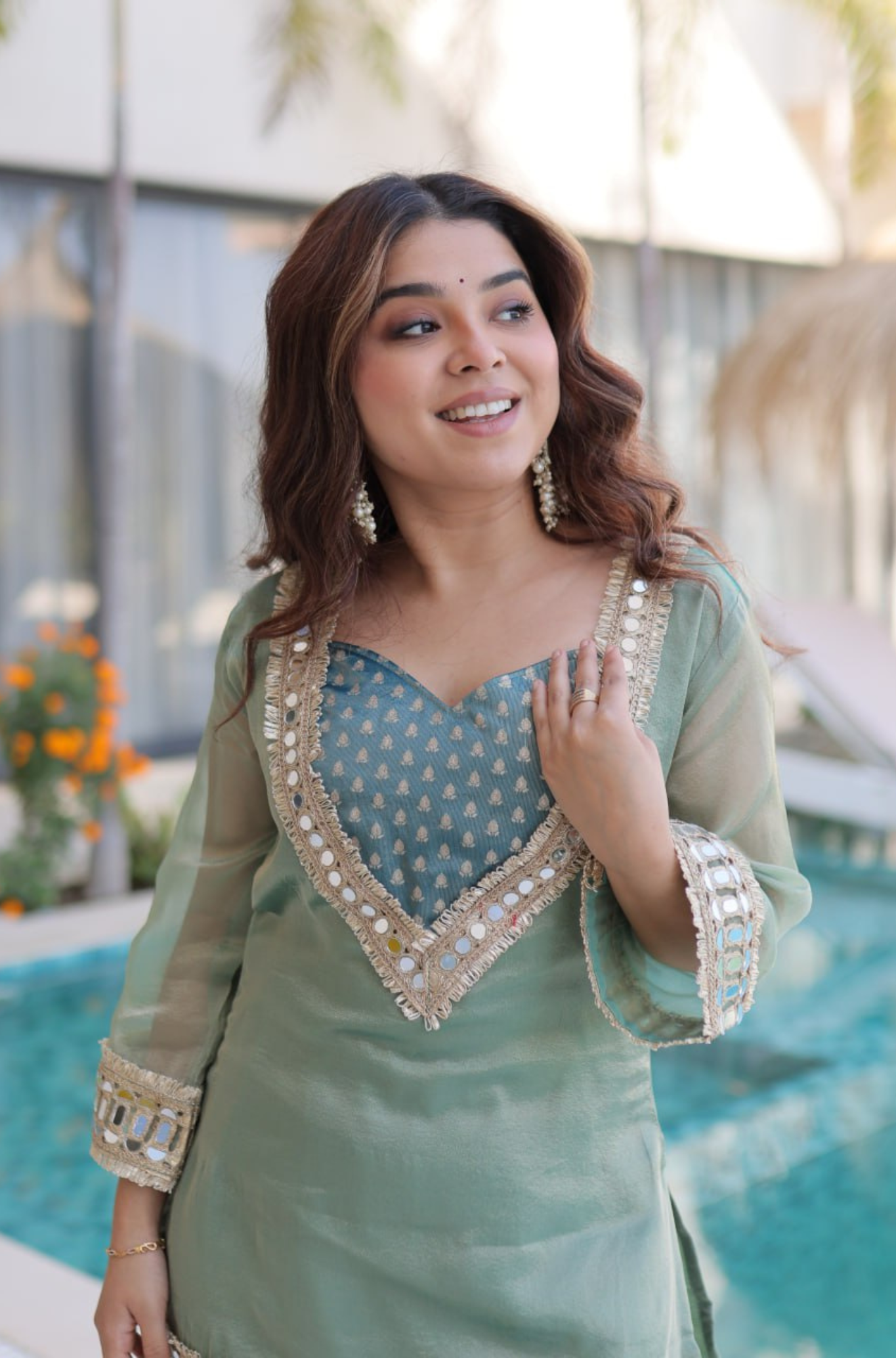Women's Mirror Work Co-ord Set with Pant & Batwa