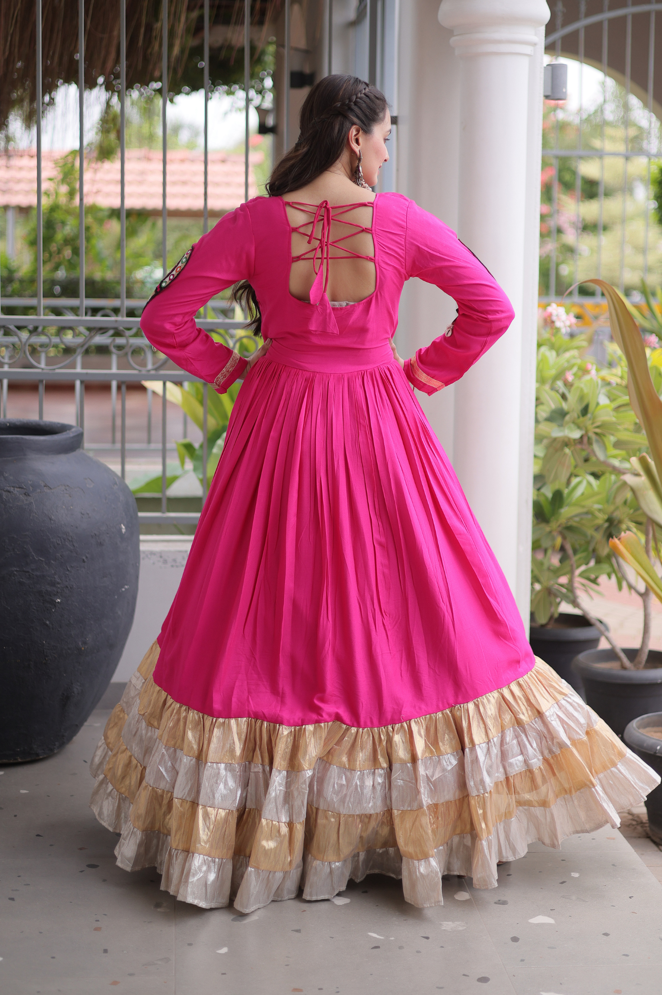 Women's Handcrafted Mirror Work Tiered Anarkali Gown