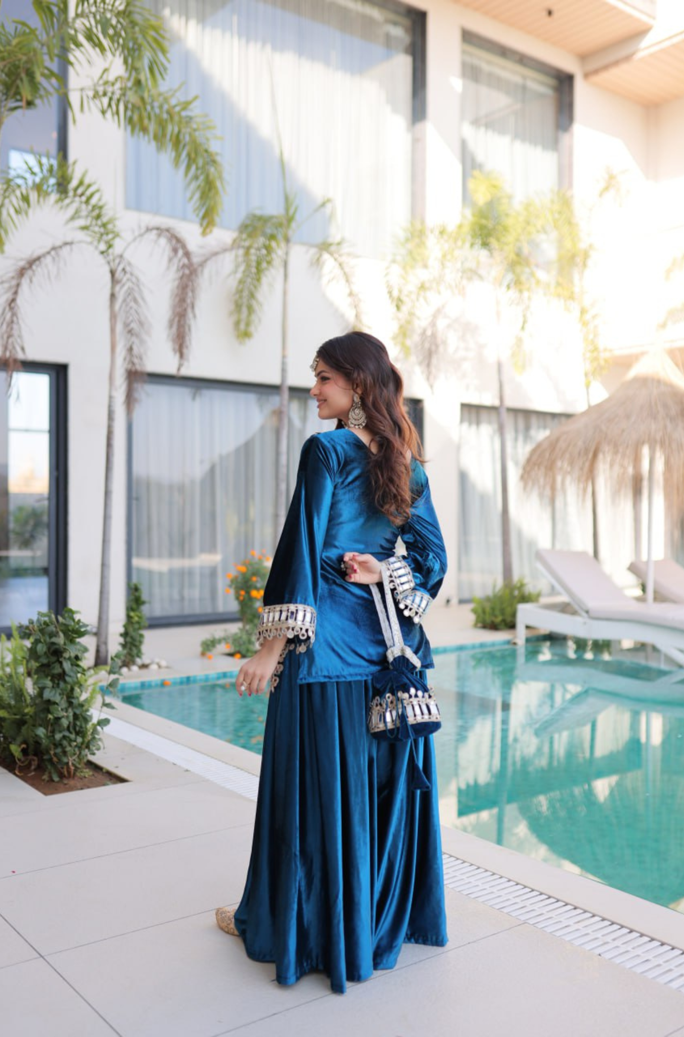 Velvet Mirror Work Kurti Palazzo Set with Batwa