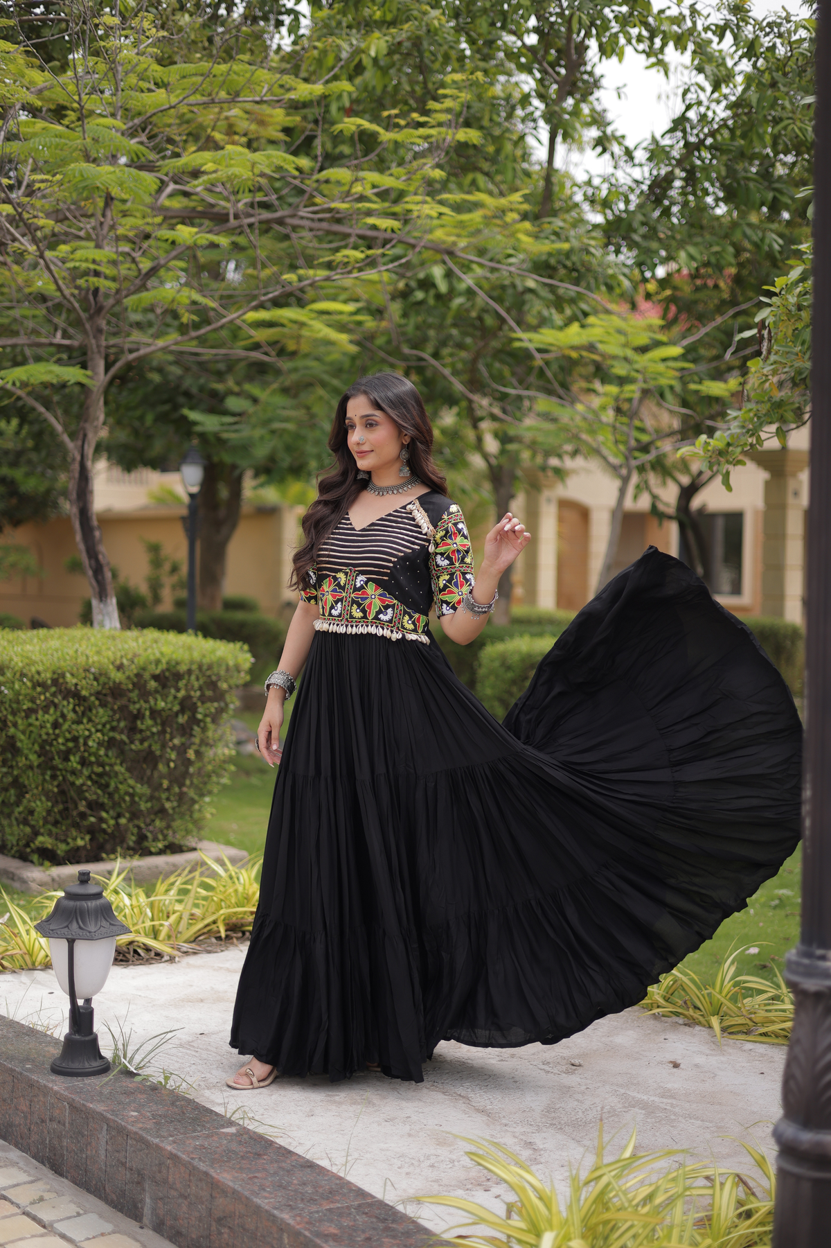 Designer Anarkali Gown with Kutchi Embroidered Yoke & Flared Skirt