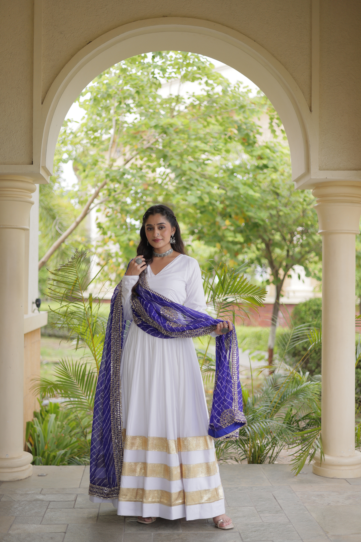 Elegant Anarkali Gown with Golden Border & Printed Dupatta