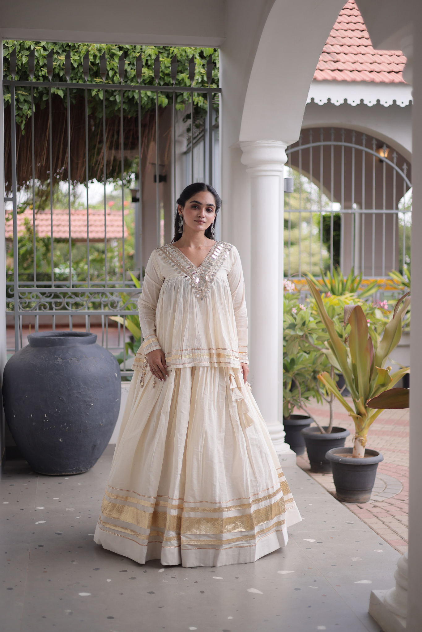 Women's Designer Ethnic Co-Ord Set with Mirror Work Peplum Top & Long Flared Skirt