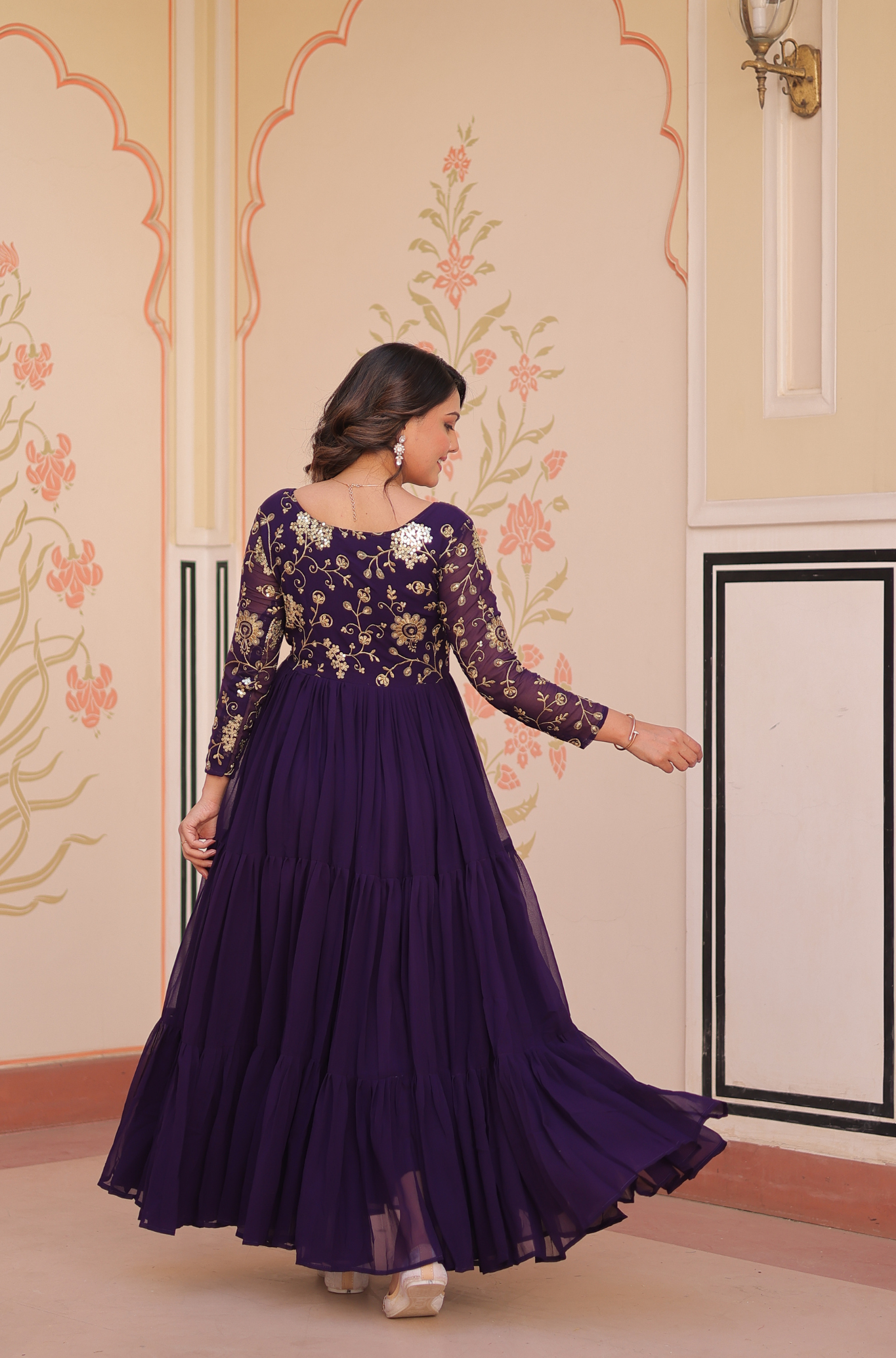 Women's Designer Embroidered Tiered Anarkali Gown