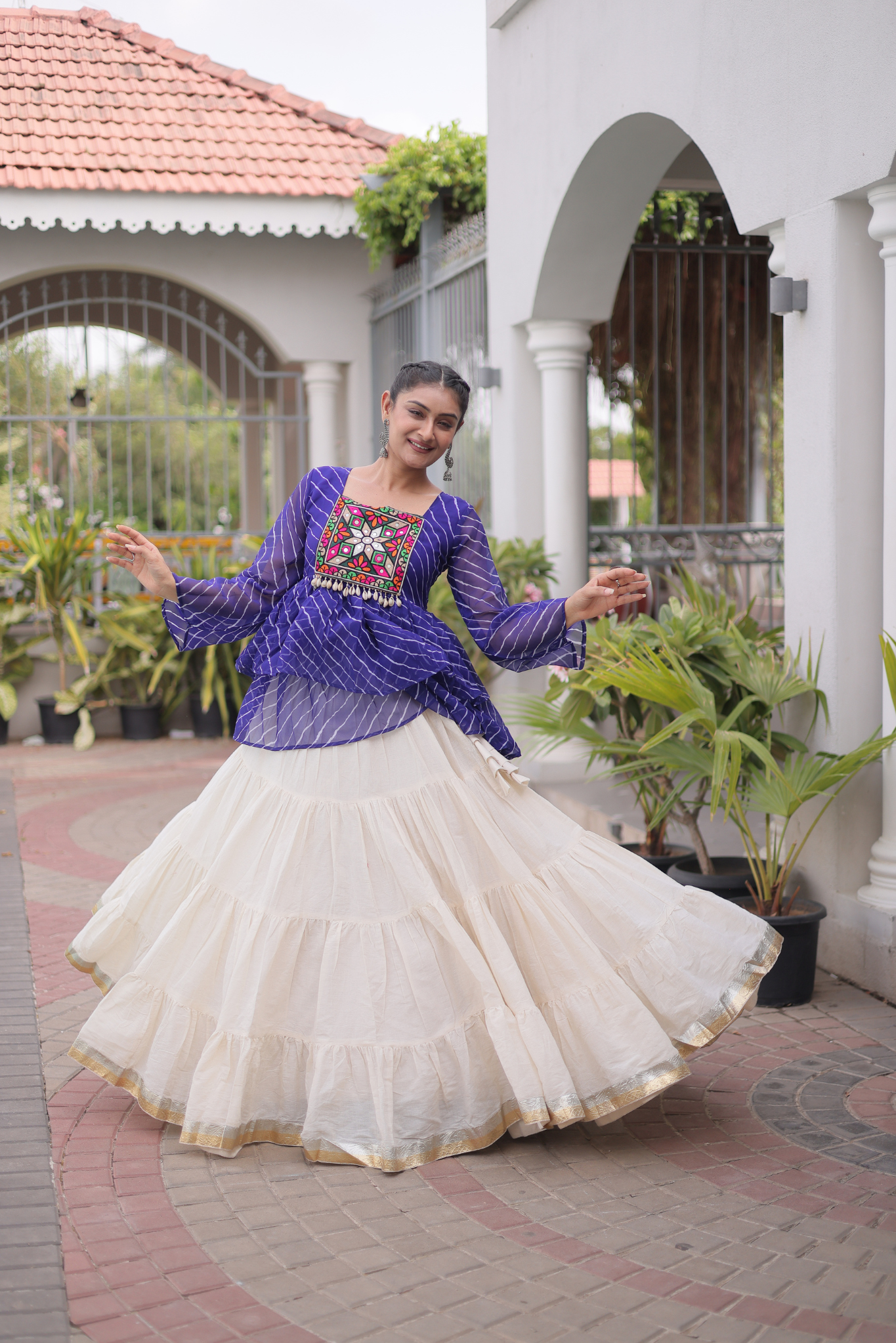 Women's Designer Kutchi Gamthi Peplum Top with Tiered Lehenga Skirt Set